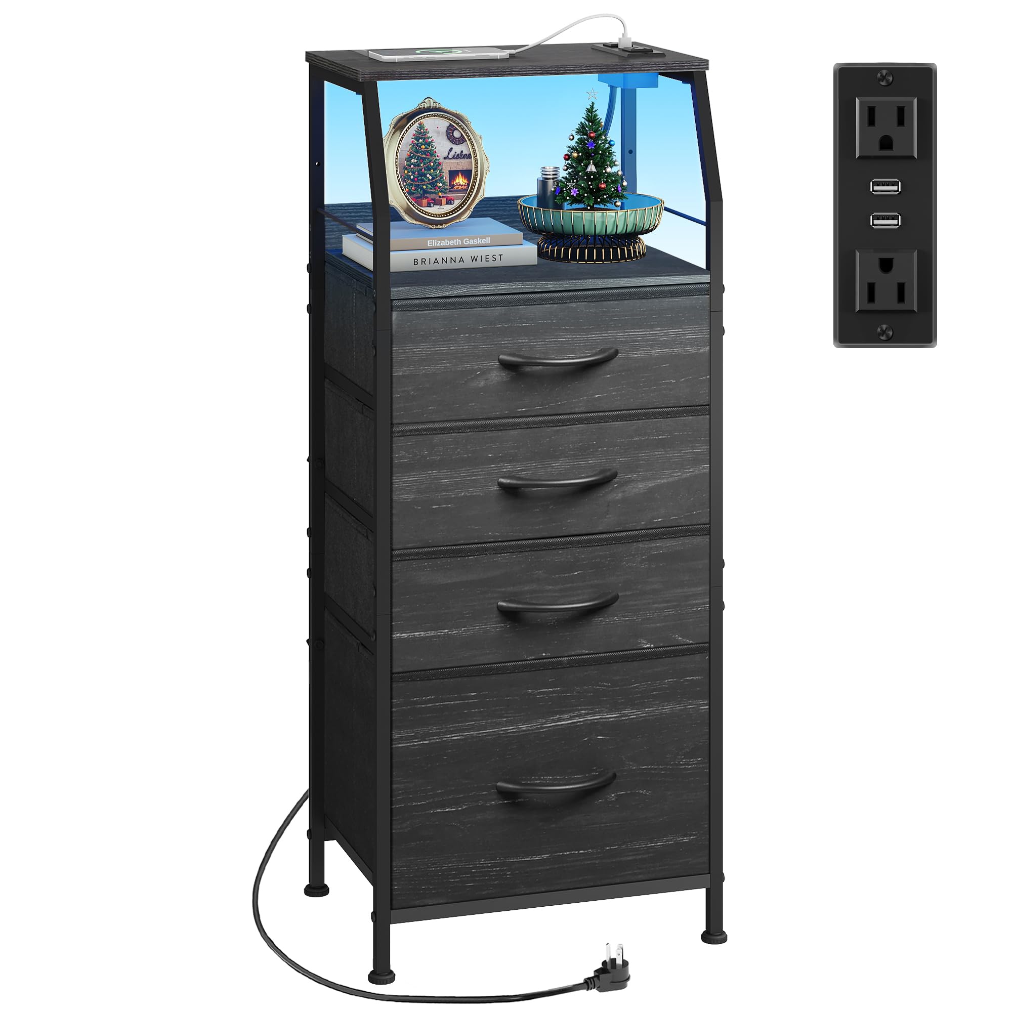 WLIVE Nightstand with Charging Station, Black Night Stand with LED Light, Tall 4 Drawer Dresser for Bedroom, 37" H Bedside Table with Fabric Storage