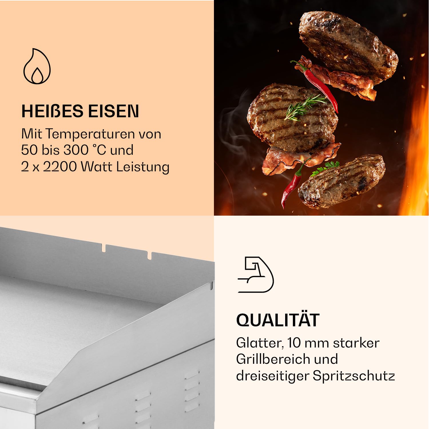 Klarstein Barbecue Electrique de Table, Plancha Electrique Exterieur, Grill Electrique Antiadhésive Amovible, Affichage LED et 2 Spatules, Acier Inoxydable pour Camping et Restaurant, 200W (Argent)