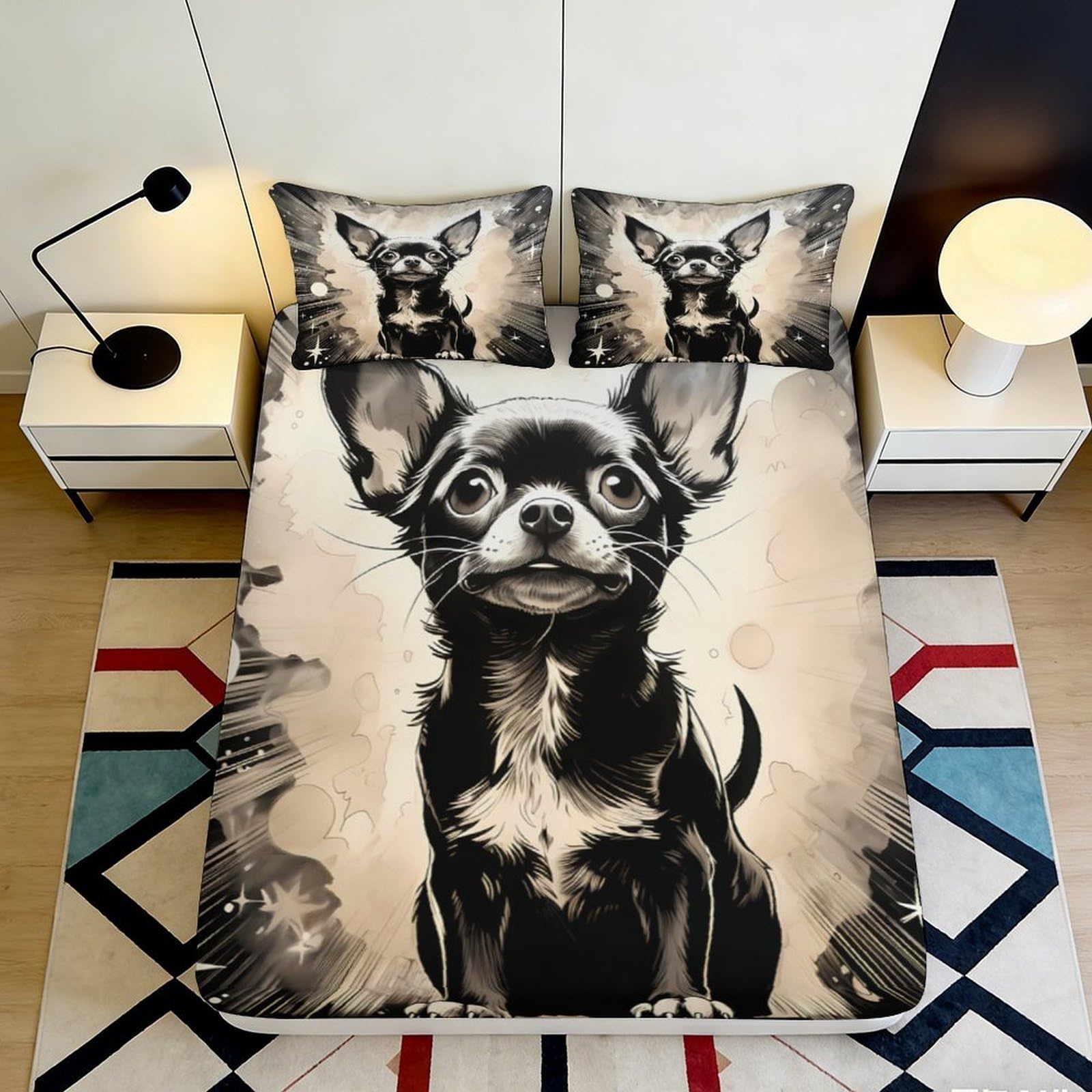 3D Printed Cute Chihuahua Fitted Sheet Microfiber Soft Breathable Artistic Dog Bed Cover for Bedroom Dorm Mattress Protection Decor 120x200x25cm