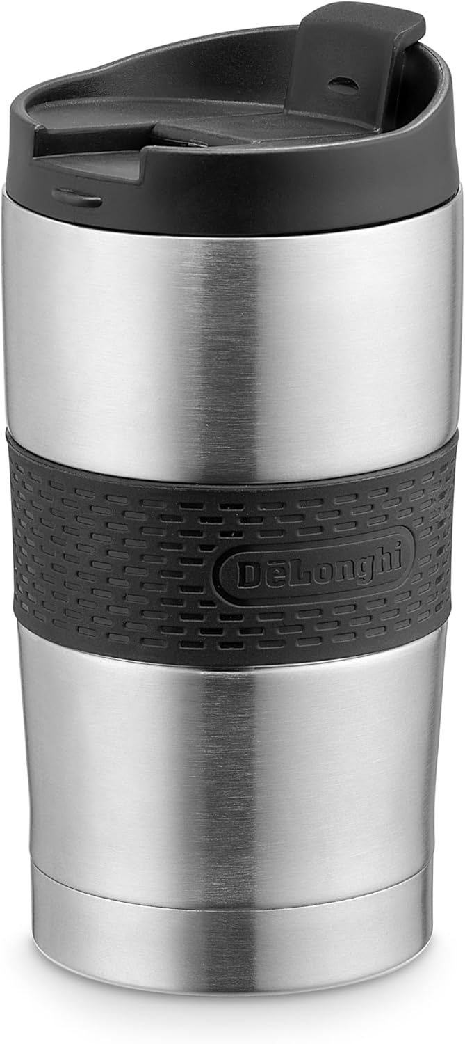 De'Longhi DLSC074 Travel Thermo Mug, Stainless Steel Double Wall Coffee Mug for Hot and Cold Drinks, One Click Opening, 235 ml Capacity