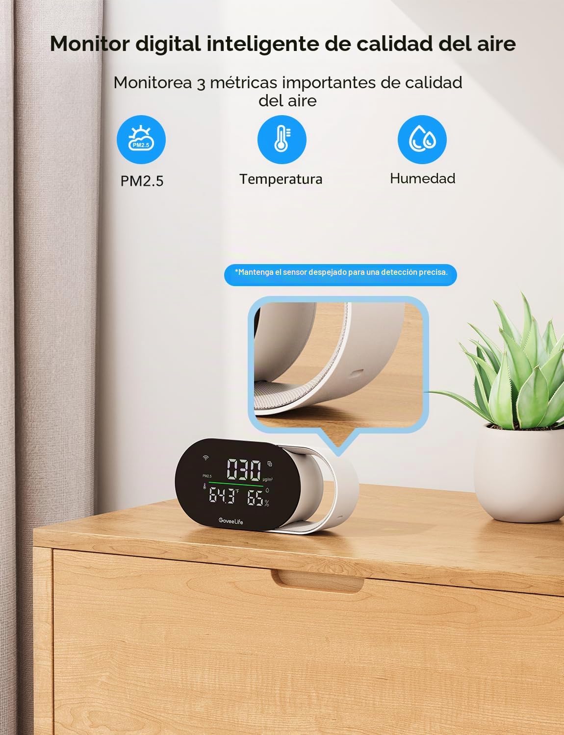 GoveeLife Monitor inteligente de calidad del aire con PM2.5, WiFi, sensores de temperatura y humedad, pantalla LED, actualización de 2 segundos, almacenamiento de datos de 2 años, para el hogar y la