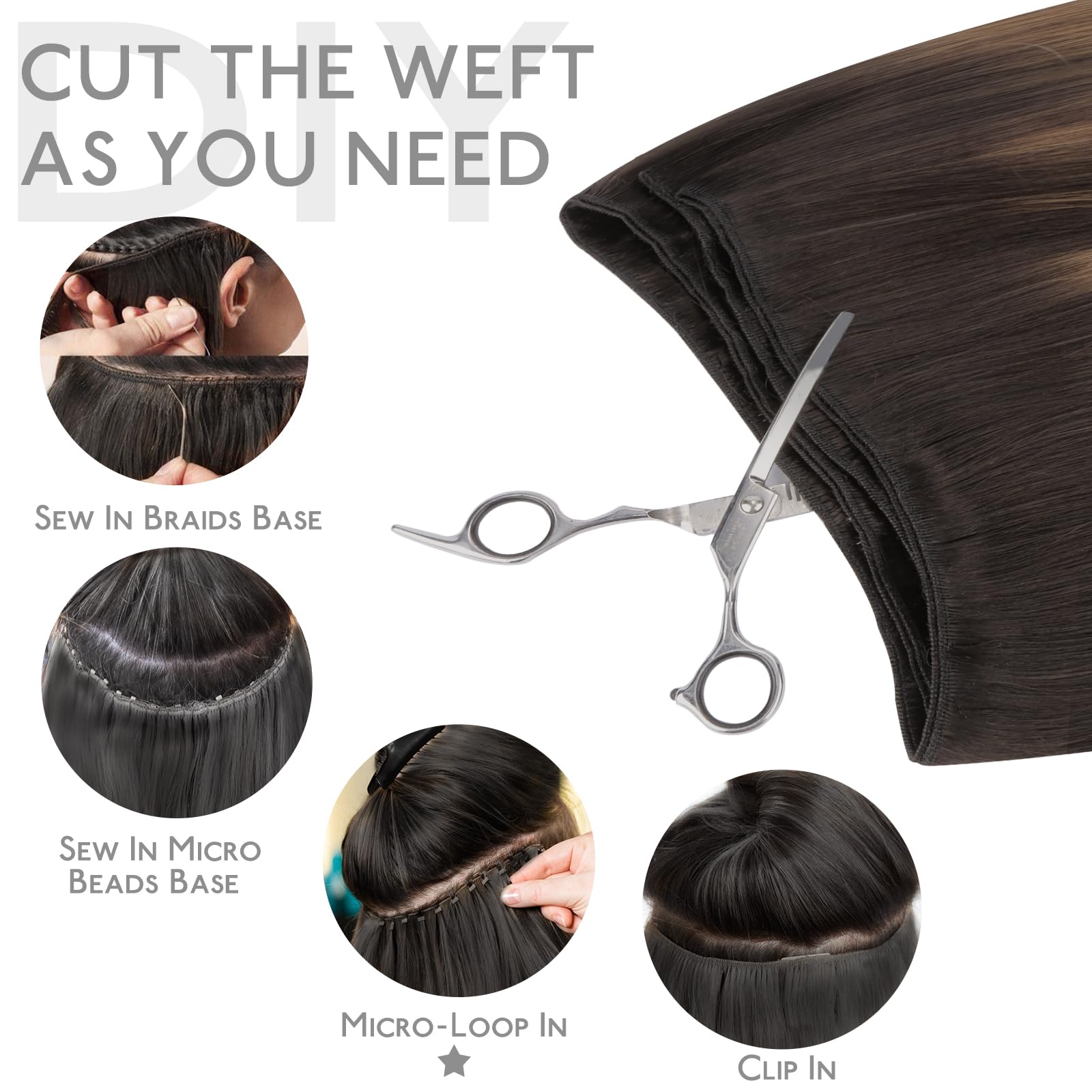WENNALIFE Tressen Extensions Echthaar, 45cm 90g Dunkel Braun Tressen Echthaar zum Einnähen Echthaar Extensions Tressen Remy Haar Weft Echthaar Tressen Haarverlängerung Echthaar Sew In Hair Extensions | Haarverlängerung, 45,7 cm, 90 g, Balayage, Dunkelbrau