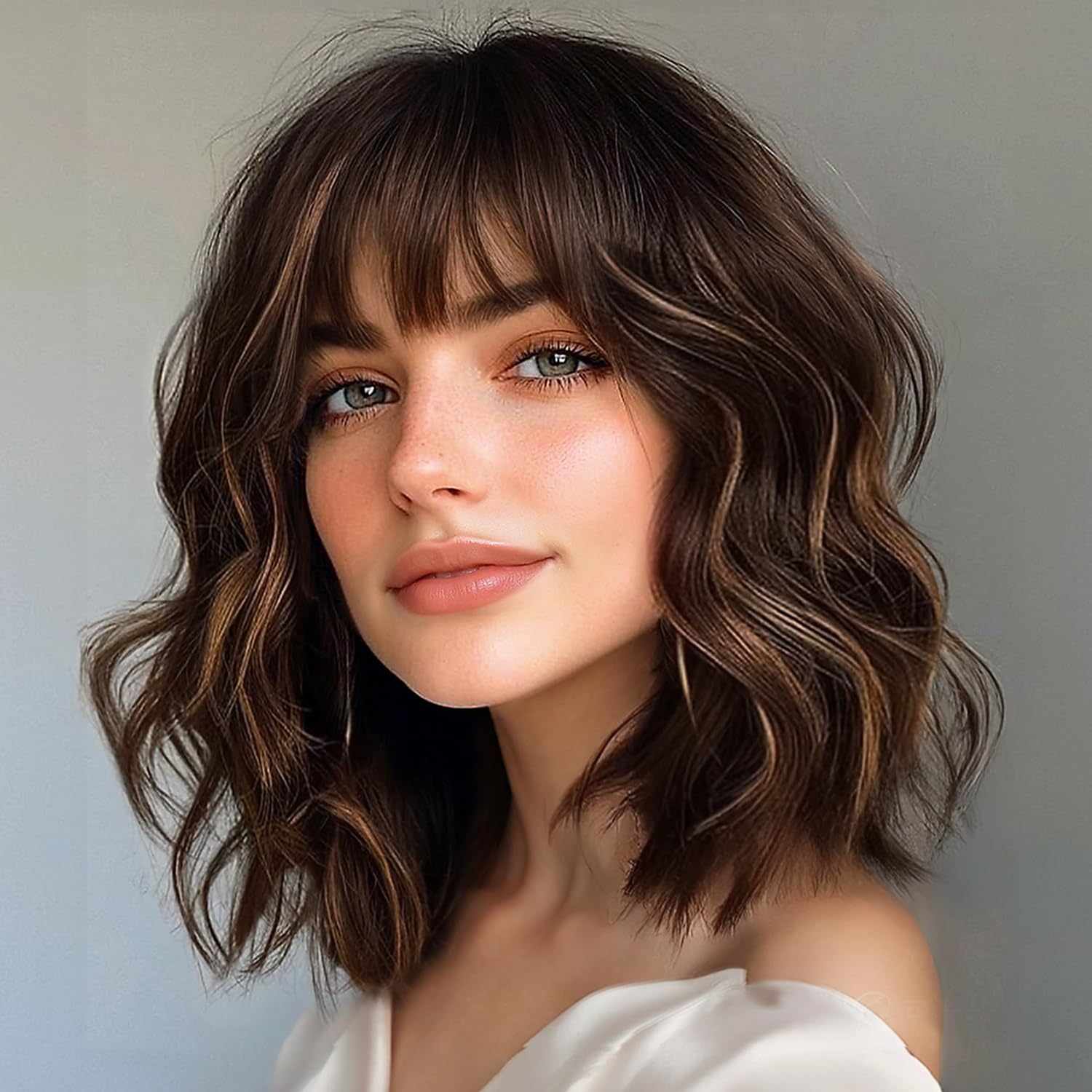 ENTRANCED STYLES Brown Highlight Wig with Bangs for Women Short Wavy Curly Brown Bob Wigs Medium Length 14 inch Synthetic Hair for Daily Party Use