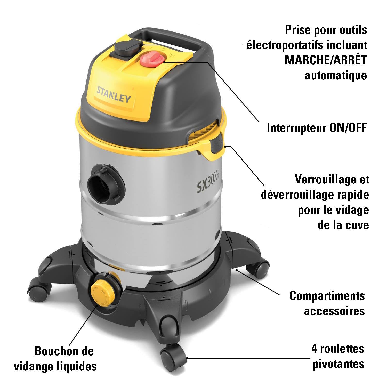 STANLEY Aspirateur Solides et Liquides SXVC30XTDE 1600 W 30 l