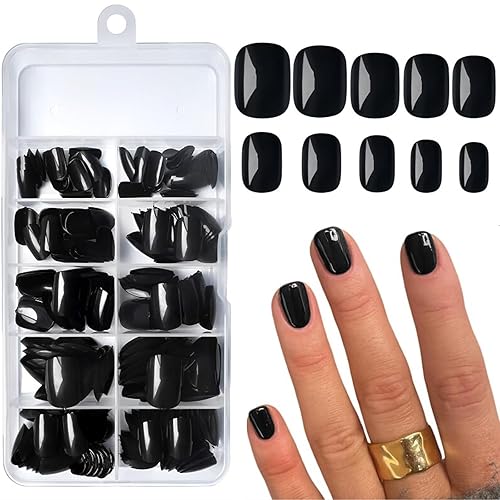 AddFavor Juego de 240 uñas postizas cortas de color negro brillante para mujeres y niñas