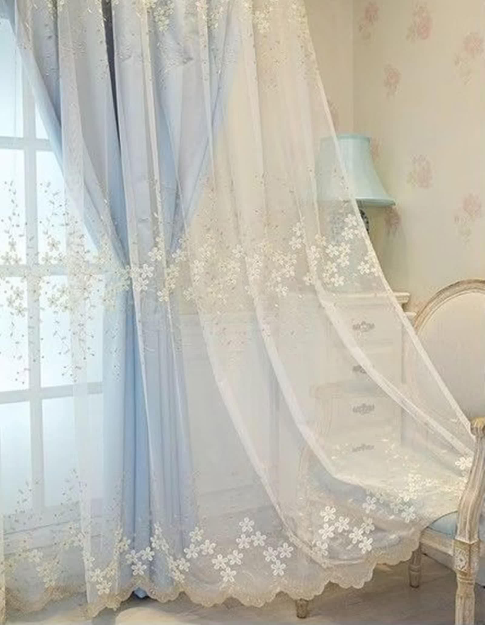 Rideaux Salon Bleu, Occultant Rideau Chambre Fenetre Lot de 2 Tissu Broderie en Dentelle Double Couche LxH 132x229cm