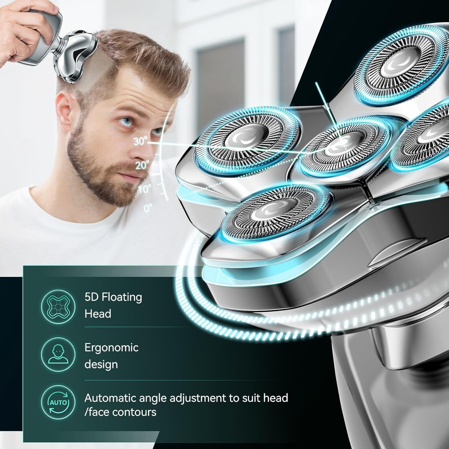 kensen Rasoio Testa Calva Impermeabile 5D Rasoio Elettrico Capelli 0 mm Wet & Dry Rasoio Elettrico Barba 120 Min con con Testina per Naso + Orecchie & Pettine Limitatore(3/5/7mm)
