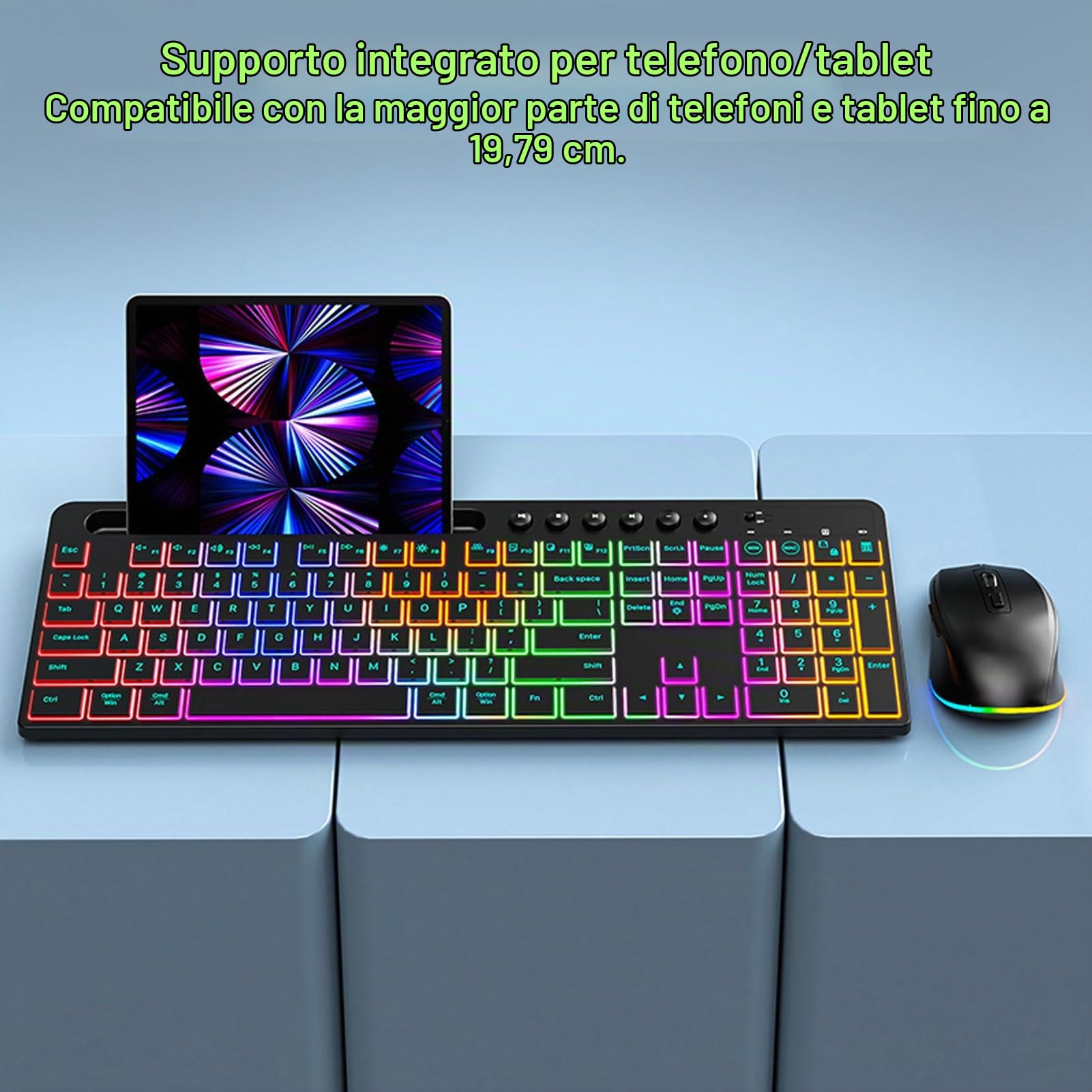 Tosuny Tastiera Wireless e Combo del Mouse, 2,4 G di Tasti Retroilluminati RGB 115 con Tampone Numerica, con Supporto per Tablet di Telefono, Ricaricabile, 6 Tasti 3 - Mouse DPI per PC