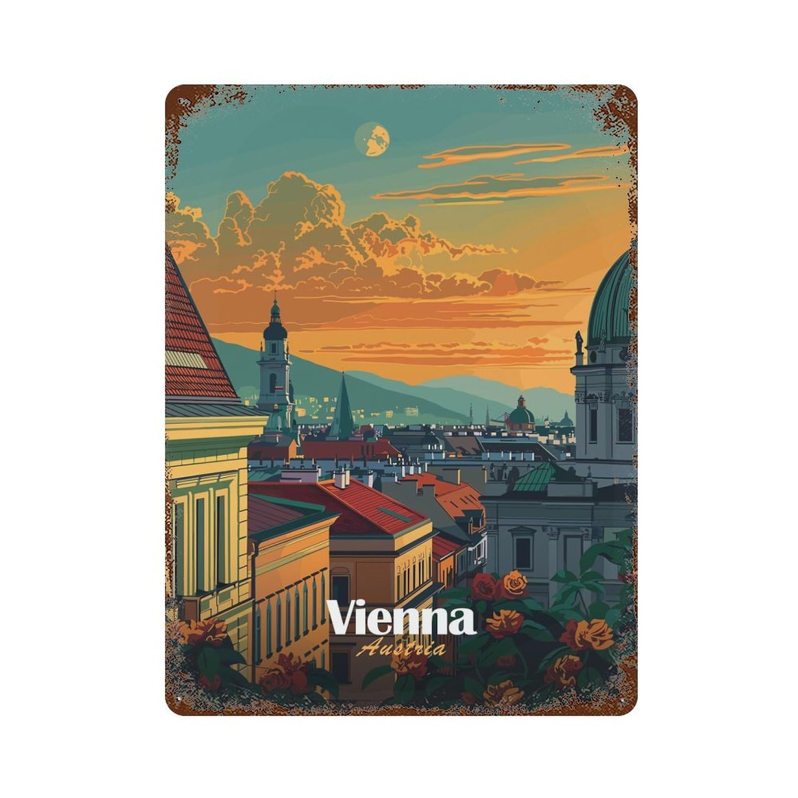Garage Style Vienna Cityscape Sunset Rust Effect Tin Sign 15.7"x11.8", Farmhouse Wall Decor for Bar And Workshop