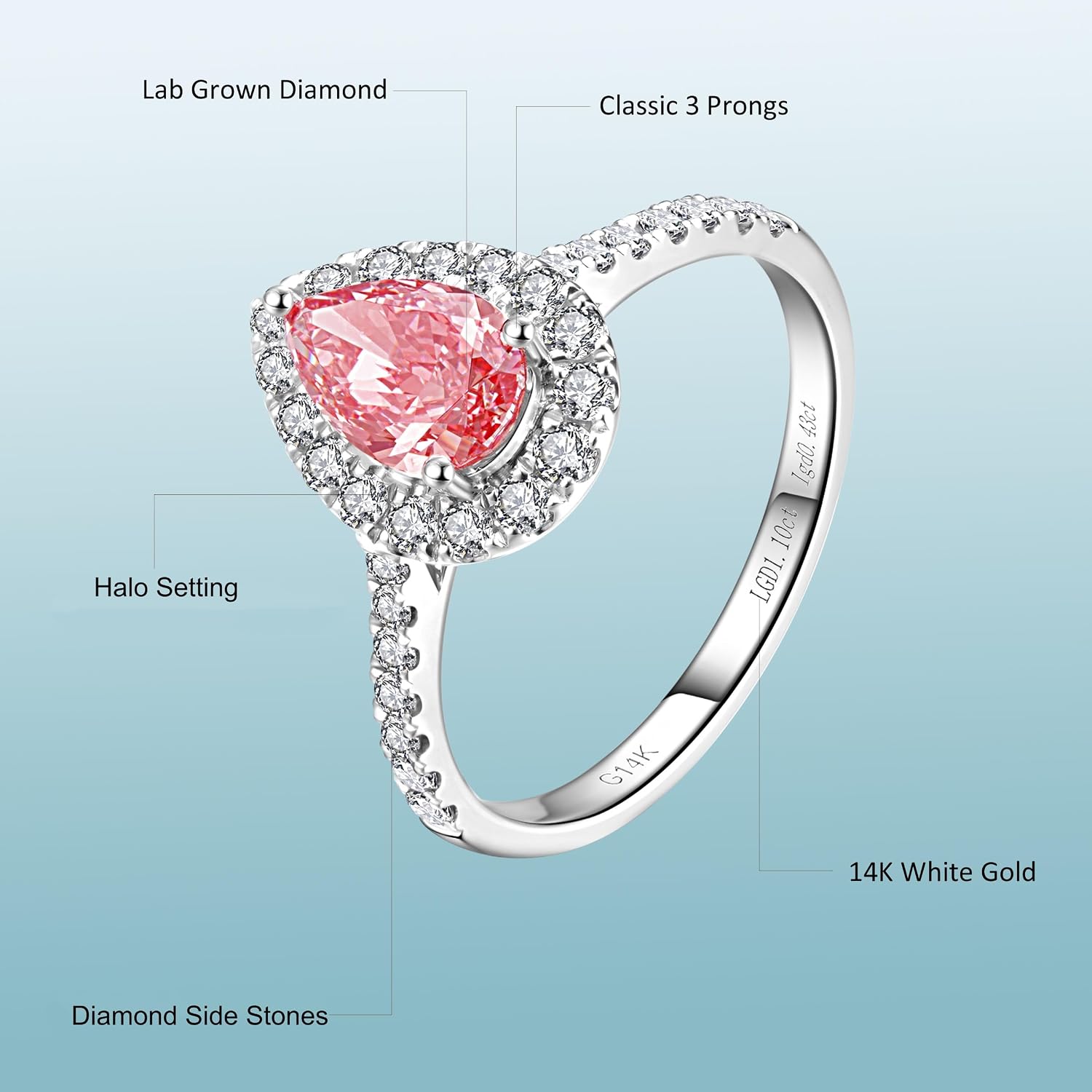 Halo 14k White Gold 0.5 to 2.5 Cttw IGI Certified LAB Grown Diamond Engagement Rings with Side Stones, Anniversary Wedding Promise Rings Jewelry Gifts for Women, Clarity VS1-VS2, D E F Color