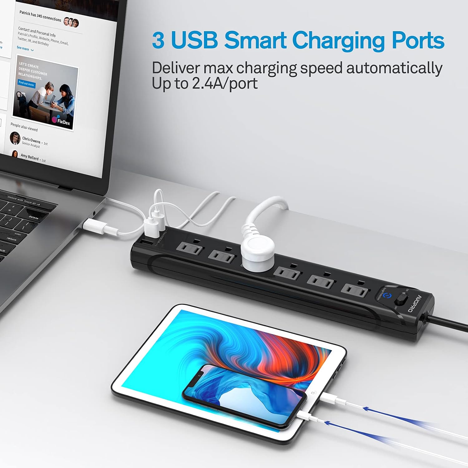 Power Strip, Surge Protector with 6 AC Outlets and 3 USB Ports(3 x 2.4A), Slide-to-Close Outlet Covers and 5 Feet Extension Cord (1250W/10A), 1200 Joules, for Home, Office and Hotel, ETL Listed, Black