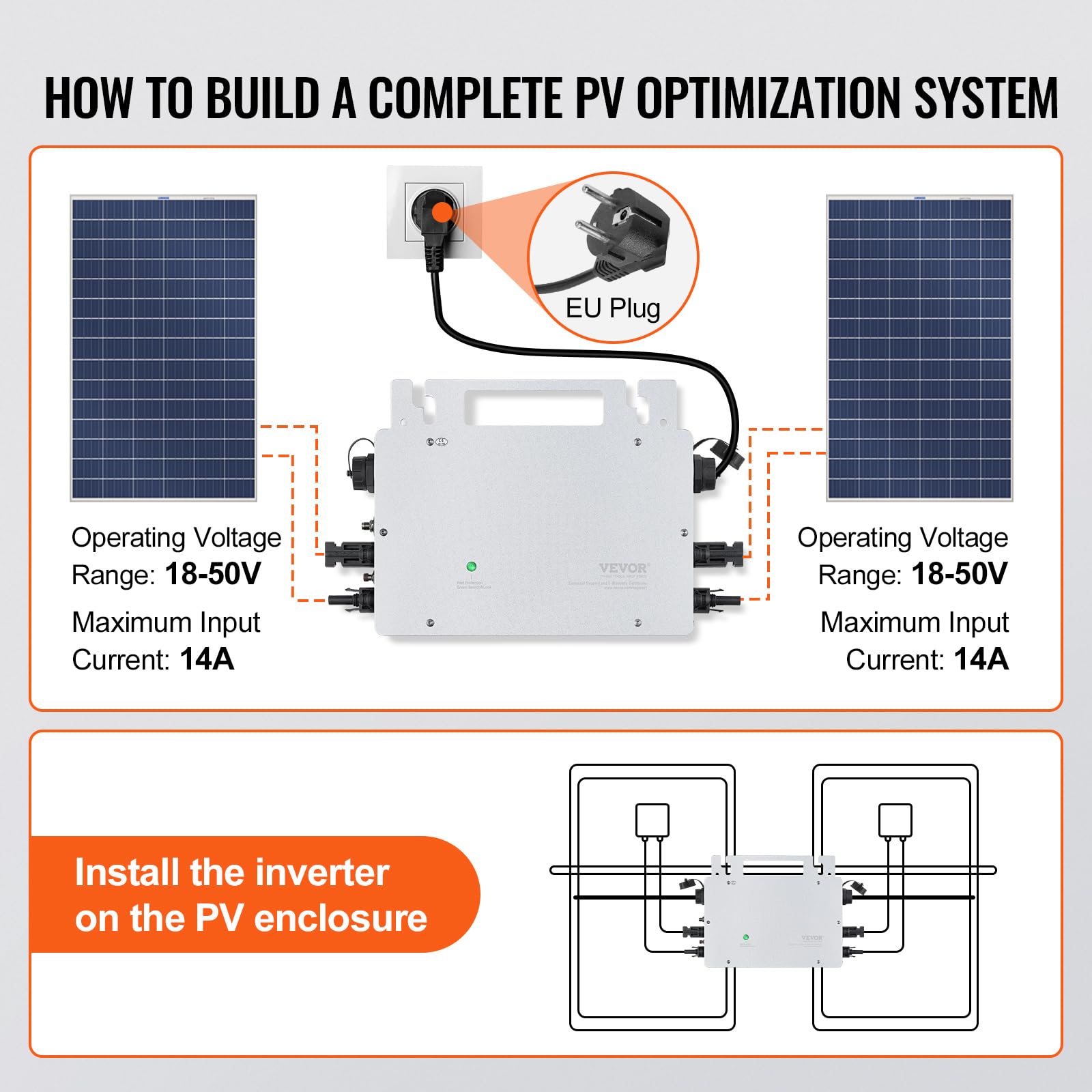 VEVOR Micro inverter per collegamento alla rete solare, 800 W, IP67 in lega di alluminio DC18-50V Tensione di esercizio con cavo di alimentazione antenna WiFi APP, per sistemi di pannelli solari
