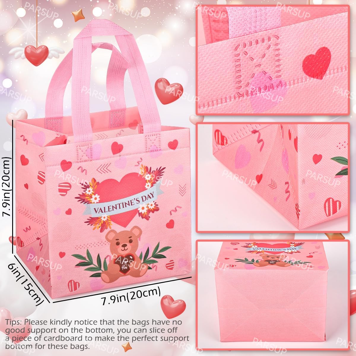 4PCS Happy Valentines Day Reusable Gift Bags, Treat Bags with Handles, Valentines Day Party Bags, Multifunctional Non-Woven Valentines Bags for Gifts Wrapping, Valentines Party Supplies, 7.9 × 7.9 × - Image 2