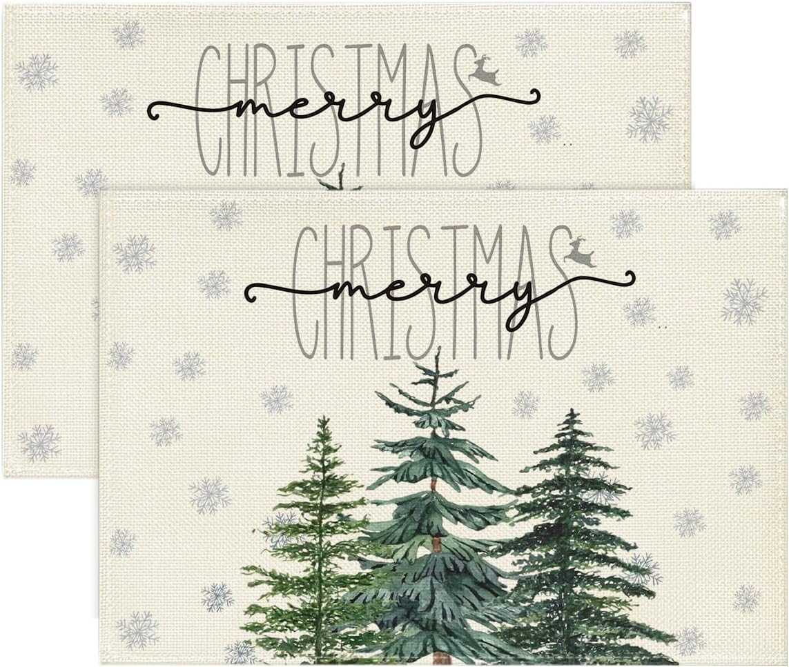 Artoid Mode Beige Pine Tree Snowflake Merry Christmas Placemats Set of 12, 12x18 Inch Seasonal Winter Xmas Holiday Table Mats for Party Kitchen Dining Decoration