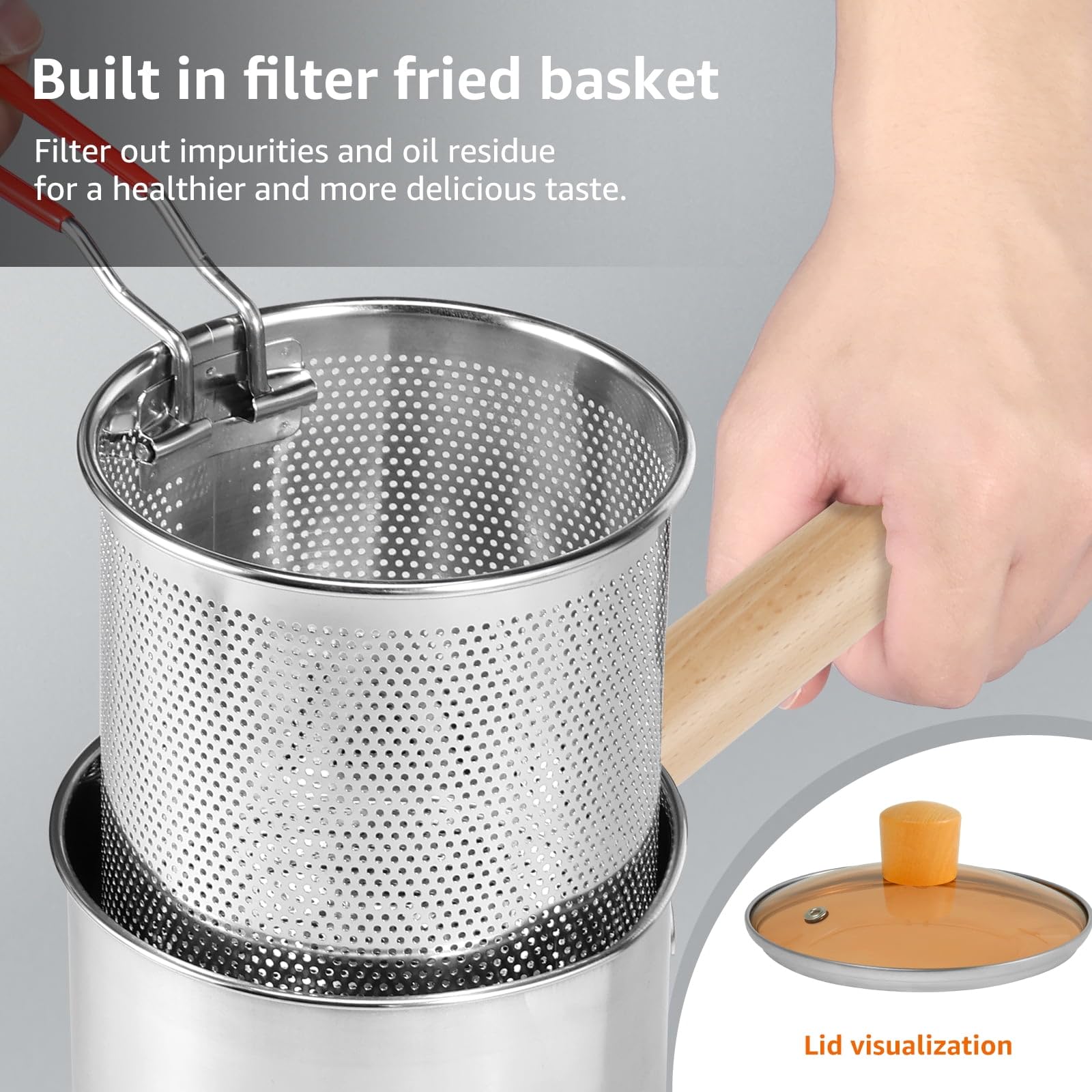 Deep Fryer Pot, Small Deep Fryer with Basket Stainless Steel, Deep Fry Pot with Strainer Basket & Glass Lid, Japanese Tempura Fryer Pot for Kitchen Fries Chicken (Deep Fryer Pot with Wooden Handle)