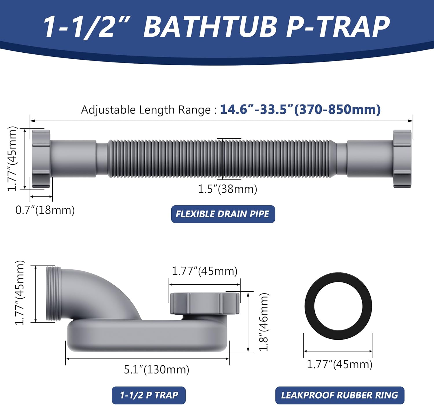 XENDYWASHER Low Profile 1 1/2" P Trap Shower Drain Pipe | Flexible Bathtub Flat P Trap Kit for Freestanding Tub，Easy Install PVC Drain Hose Included