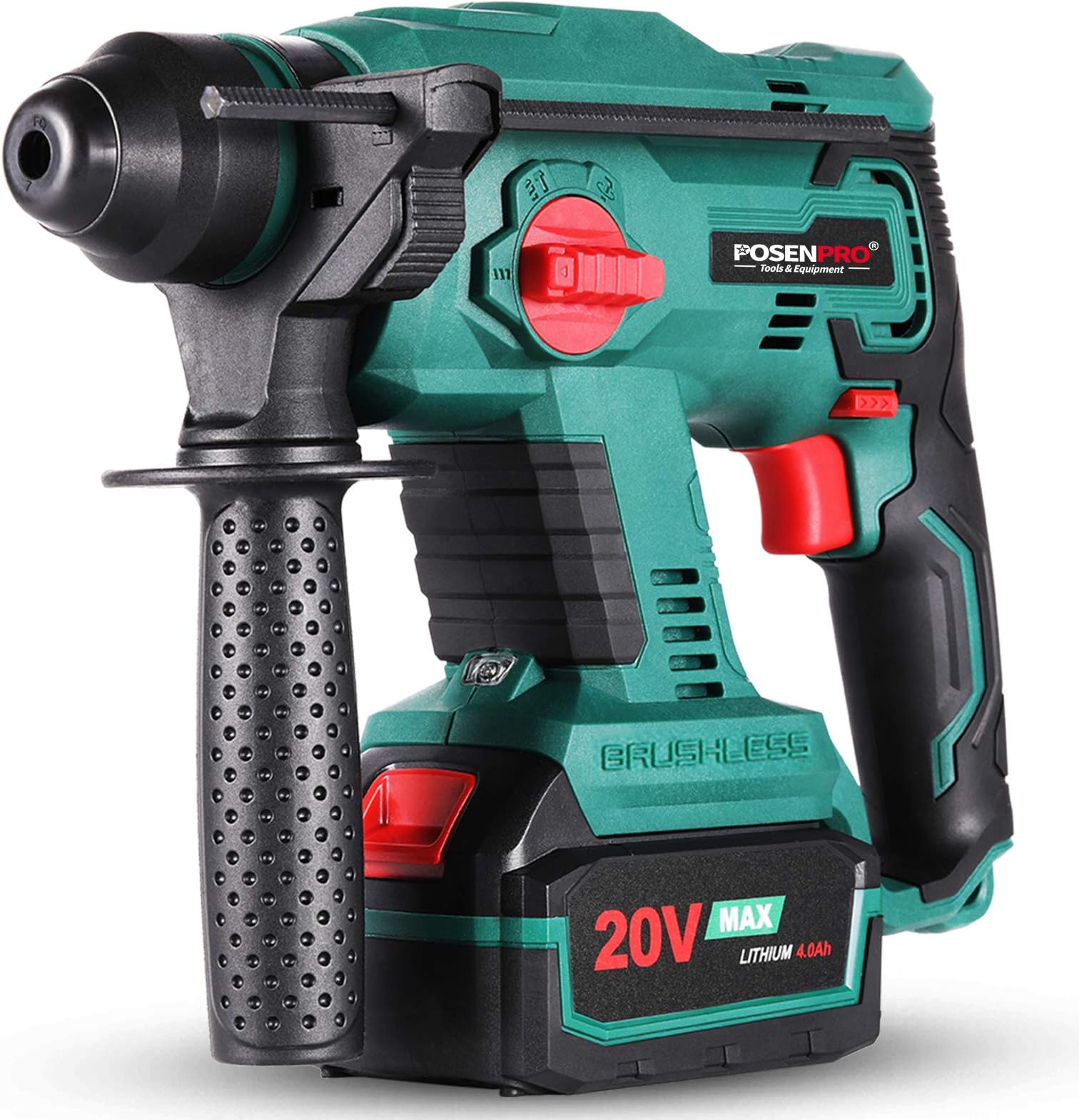 Brushless Cordless Rotary Hammer,POSENPRO 20V SDS Plus Rotary Hammer Drill,4 Modes Selector,Variable Speed,Adjustable Handle,4.0Ah Li-ion Battery and Fast Charger Included Green