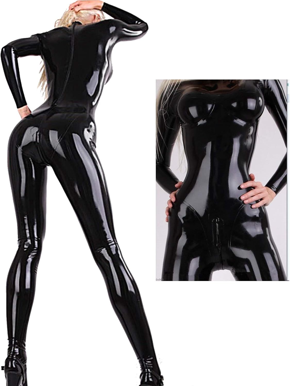 LESOYA Women's Sexy Latex Catsuit Shiny Wetlook PVC Leather Skinny Zipper Crotch Bodysuit Jumpsuit Clubwear