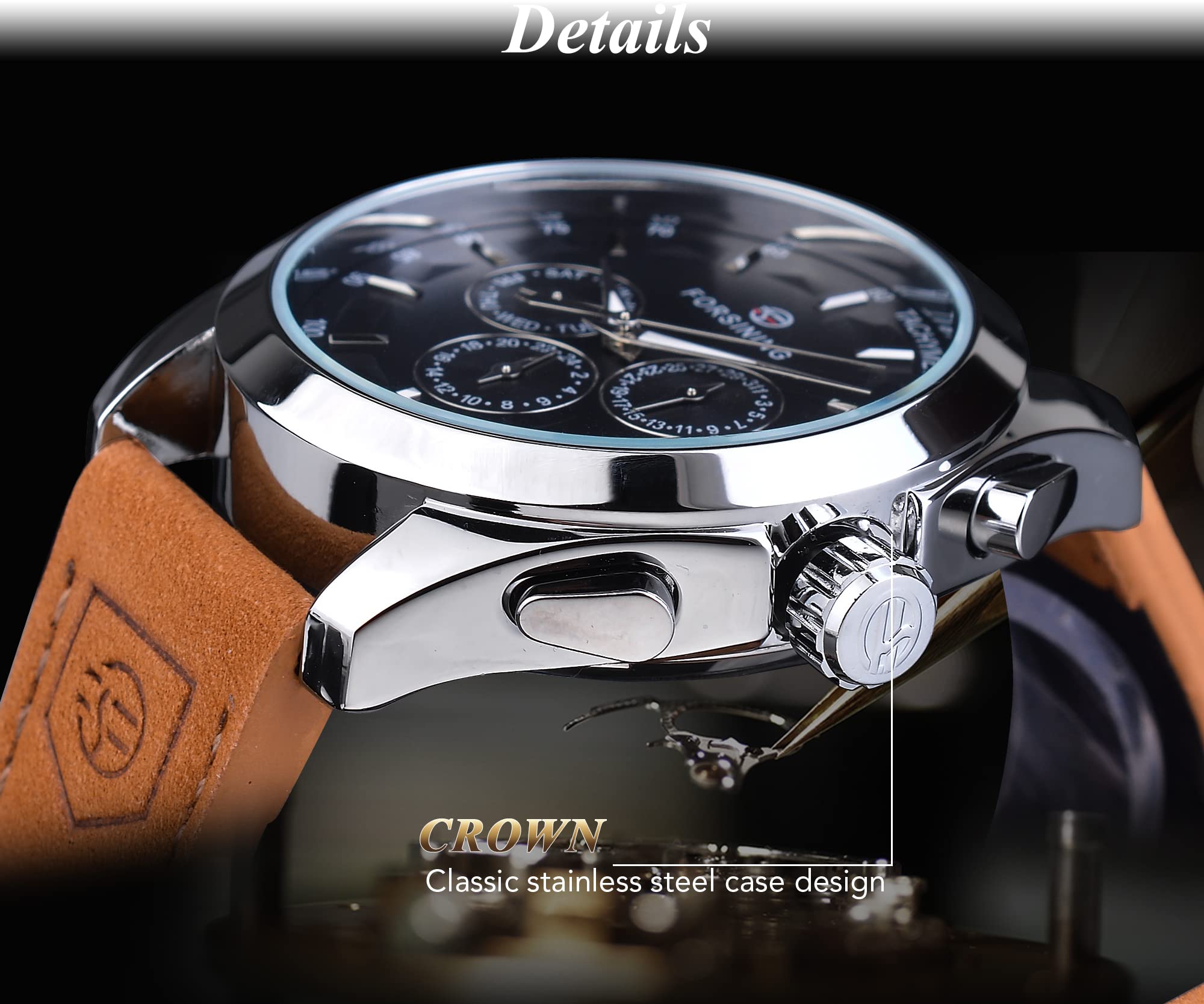 FORSINING Orologio da polso meccanico da uomo automatico a carica automatica orologio militare cinturino in vera pelle impermeabile luminoso casual business