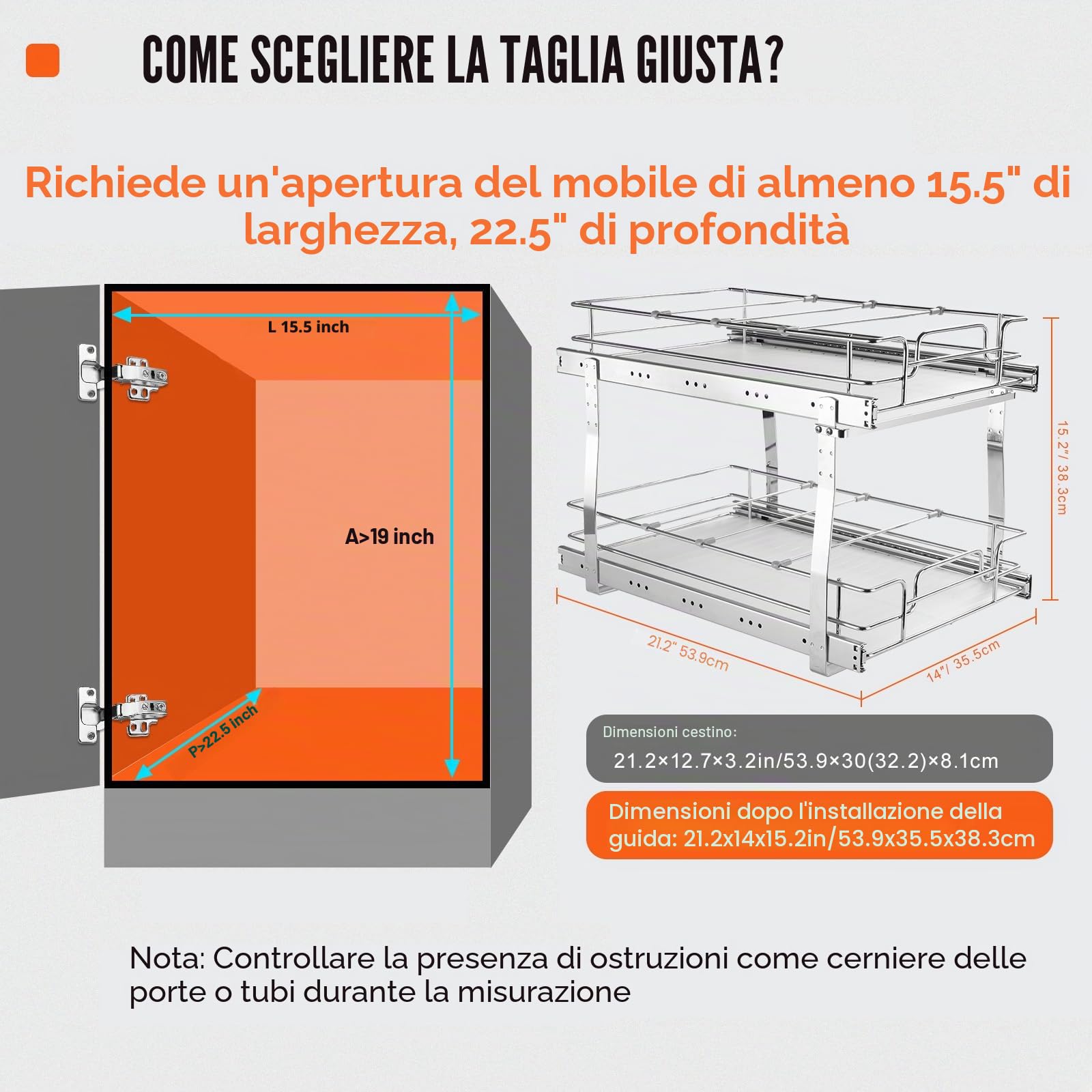 VEVOR Cestello Estraibile Sottolavello Cucina 2 Ripiani 322x533mm e 300x516mm in Acciaio Cromato, Cestello Scorrevole Carico max. 30kg, Portautensili