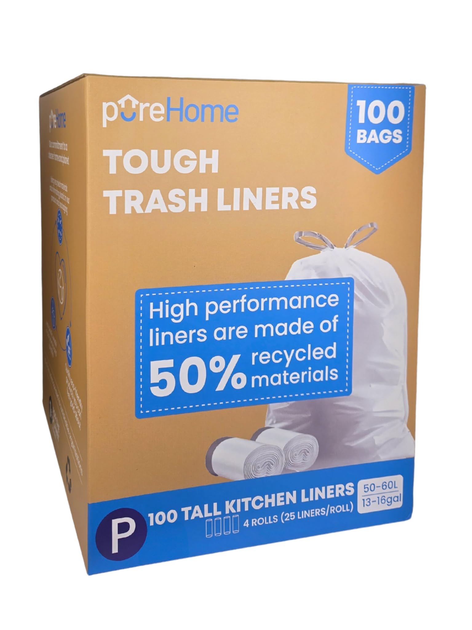 pureHome Code P: Robuste Müllbeutel (100 Stück) 50-60 Liter, weißer Kordelzug