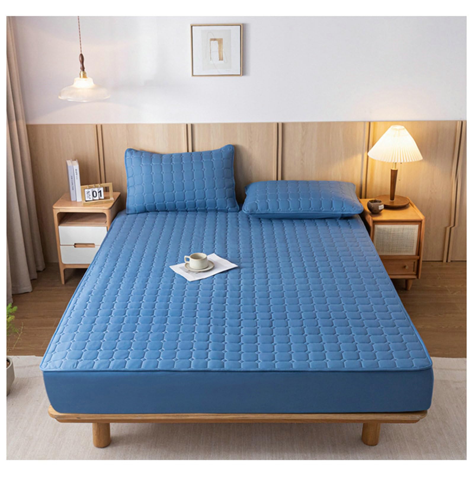 Lenzuola con Angoli 180 x 200, Lenzuolo Con Angoli con 2 Federe in Cotone lavato Tinta unita con motivo geometrico Morbido e Lavabile in Lavatrice, Blu scuro, 180 x 200cm