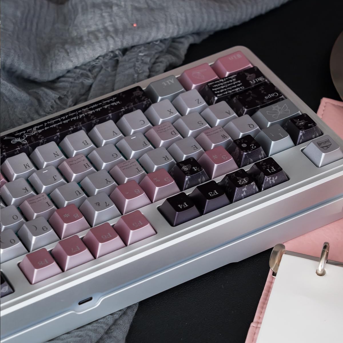 Metal Paint PBT Keycaps, 129 Keys Black Pink Cherry Profile Keycap Set