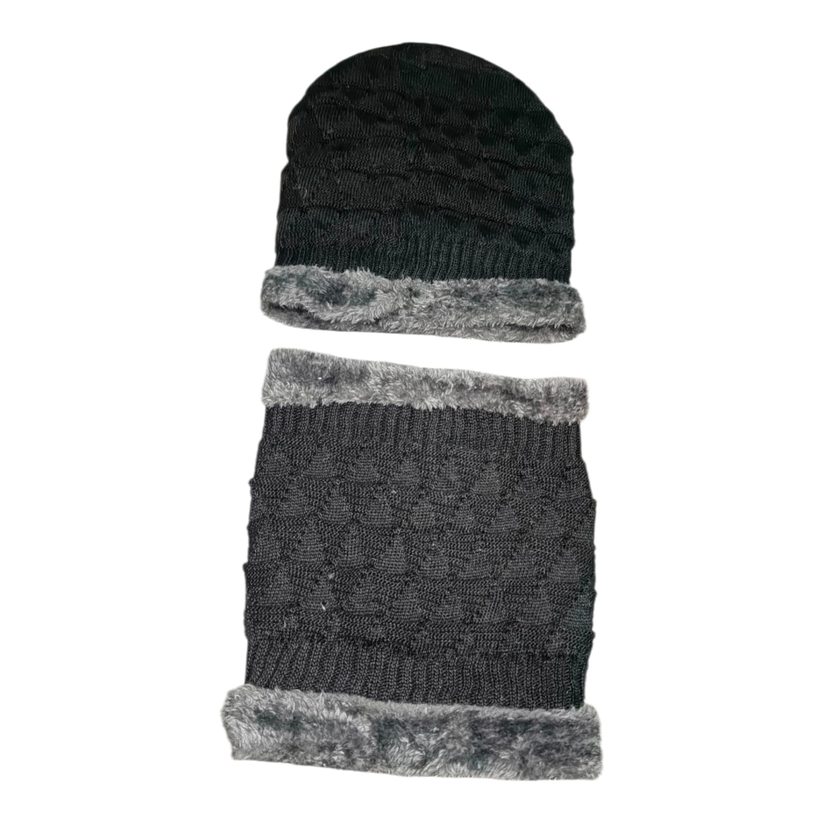 Winter Knit Beanie and Neck Warmer Set, Black with Grey Faux Fur Lining, Thermal Cold Weather Wear for Adults-image-29