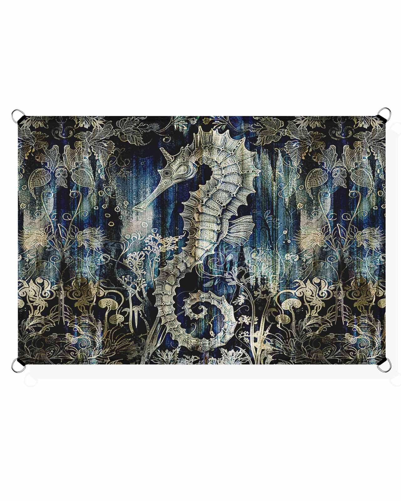 Sea Horse Sun Sail Shades Rectangle Canopy,Sunlight Block Heavy Duty Curved Backyard Shade Cover,Waterproof Sun Shades for Patios Garden Outdoor,6.5'x10' Coastal Ocean Golden Navy Blue Floral Leaf