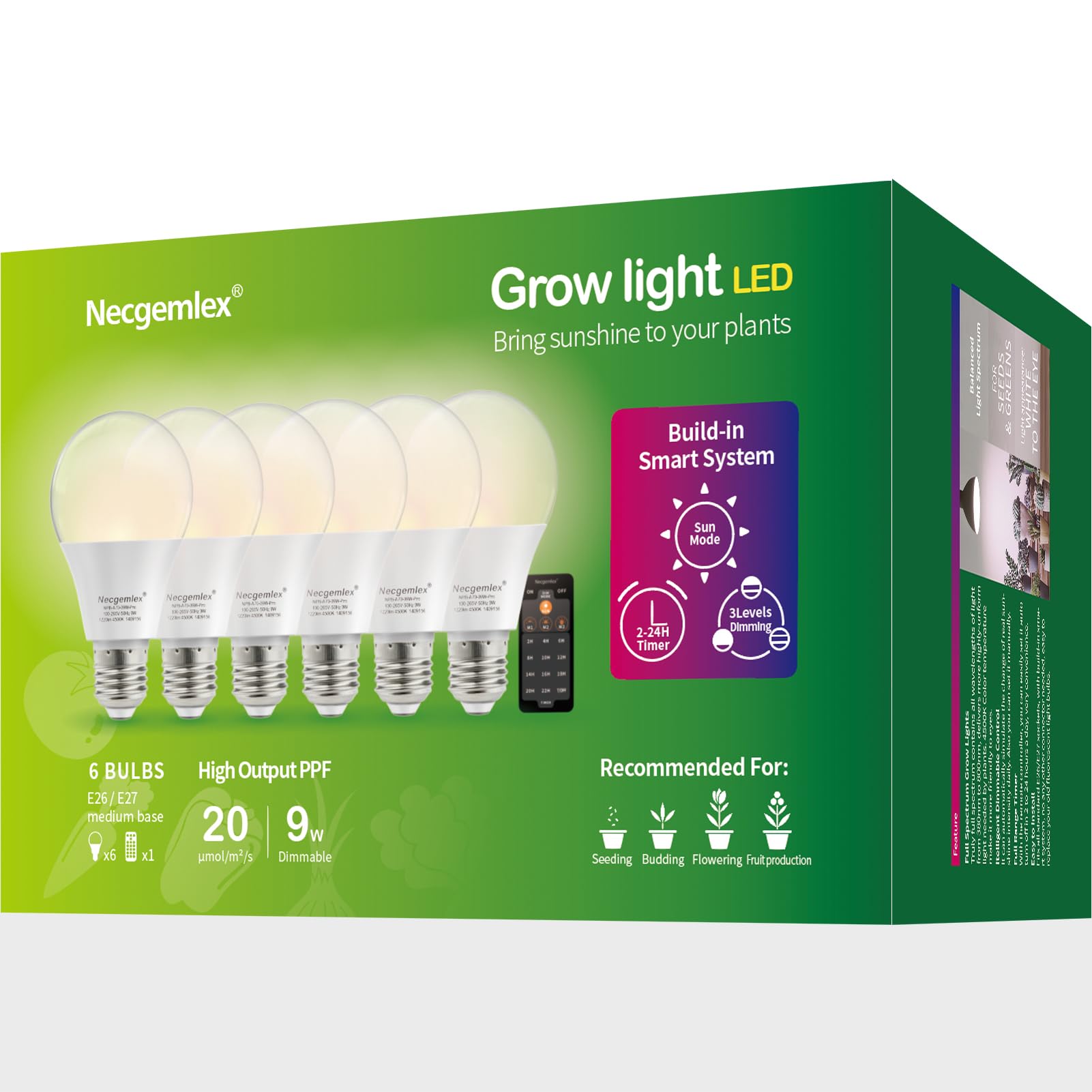 Smart LED Grow Light Bulbs with Remote Controller, Sun Simulation Mode, Built-in Auto Timer, A21/A70 E26/E27 9W Dimmable Full Spectrum Intelligent Plant Grow Bulbs for Indoor Plants, 6 Pack