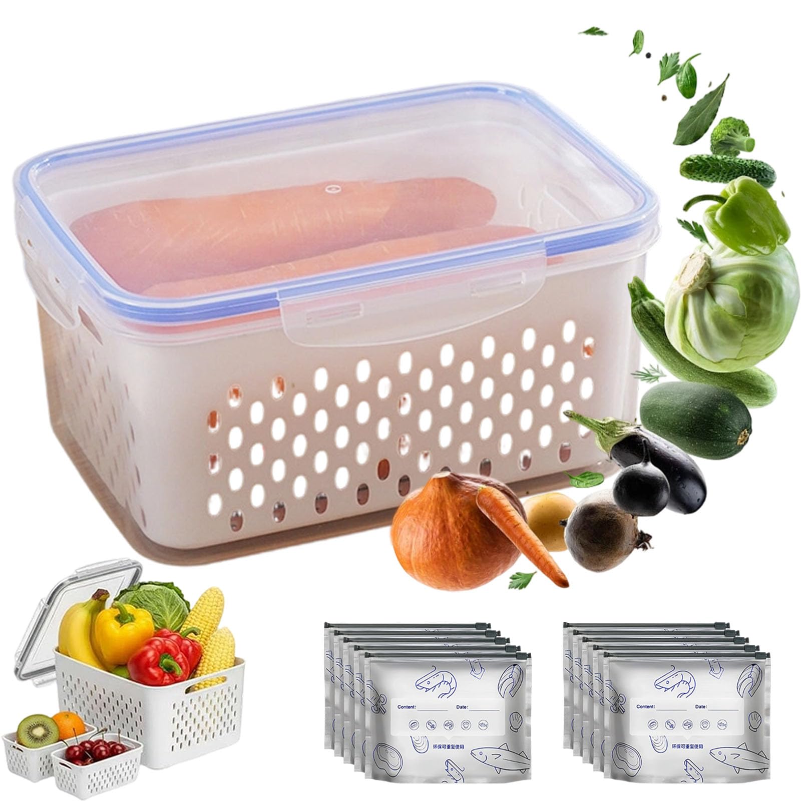tiwuuyo Fruit Storage Container Set for Fridge with Removable Colander, Refrigerator Food Storage Containers with lids, Fruit and Vegetable Storage Organiser, Keep Food Berries Fresh (blue L)
