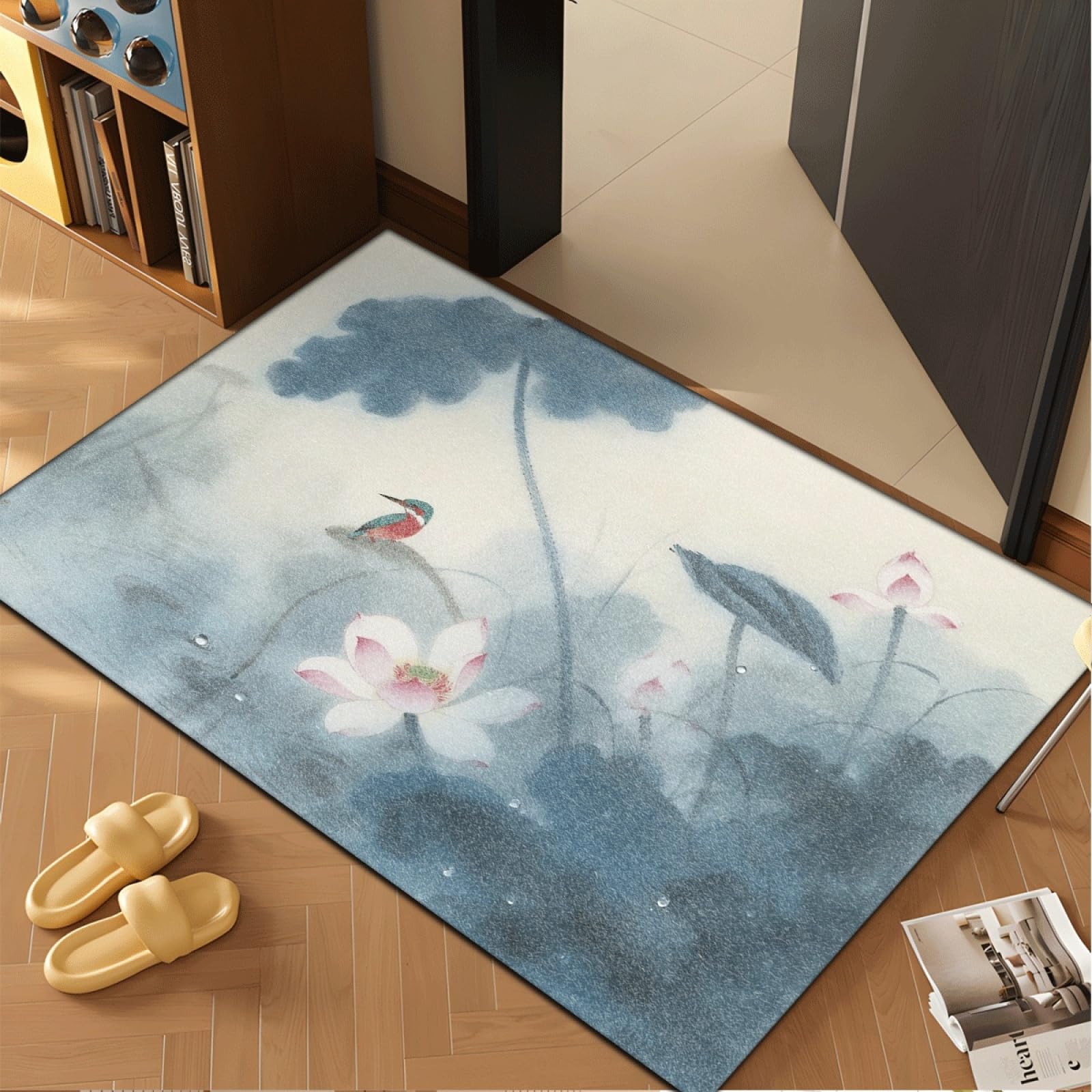 Fussmatte Innen 80x120 cm Blaues Lotusblatt Fussmatte Aussen rutschfeste für Hund Eingang Badematte Waschbar Schmutzfangmatte Strapazierfähige und Langlebige Fussmatten Haustür
