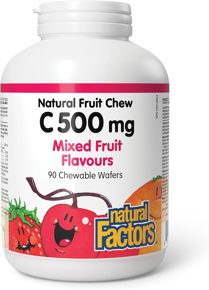 Natural Factors Vitamin C 500 mg 100% Natural Fruit Chew, 90 Chewable Wafers, Mixed Fruit Flavours, Easy-to-Take, Vegan, Gluten Free, Proudly Canadian