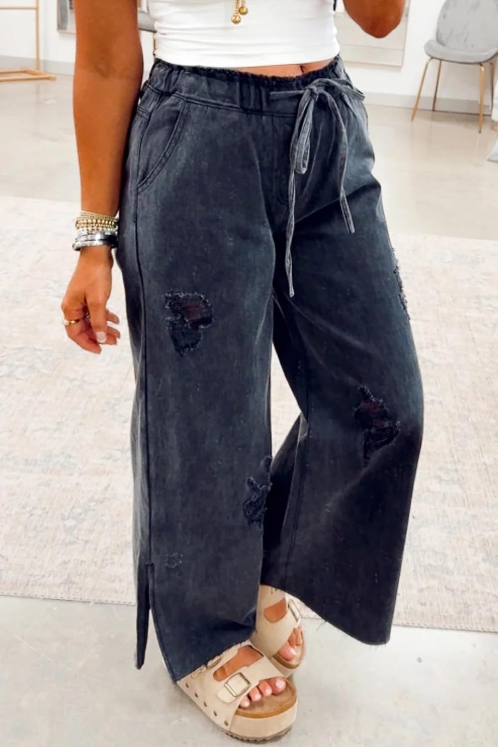 Jeans for Women Black Ripped Detail Split Leg Tie Waist Jeans