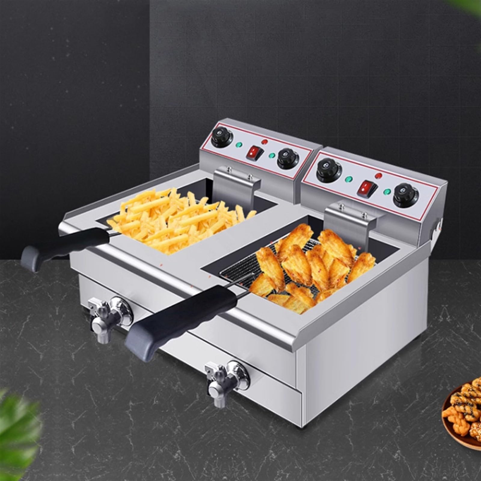 Amigable con el medio ambiente Certificado profesional Equipos de cocina Freidora industrial eléctrica eléctrica con 2 tanques Libre de humo, fácil de usar y limpiar