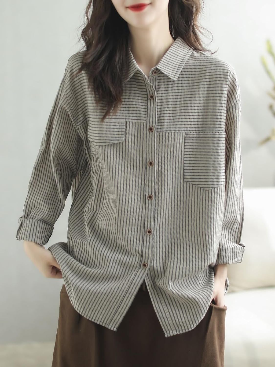 Womens Button Down Shirt Spring Summer Stripe French V Neck Dress Shirt Work Blouse Tops for Women