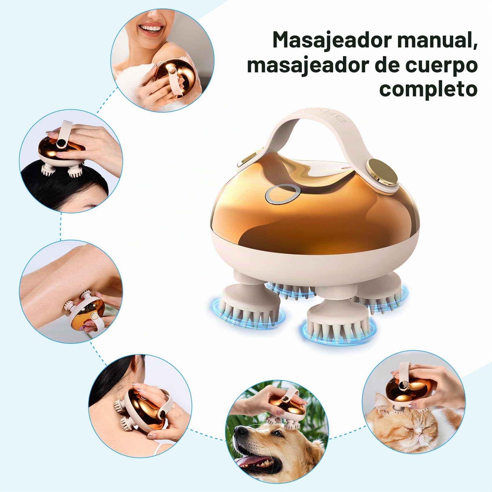 arboleaf Masajeador Cabeza Electrico Masajeador de Cuero Cabelludo y Cuerpo Portátil Recargable Impermeable IPX7 con 8 Cabezales de Masaje de Silicona, 3 Modos
