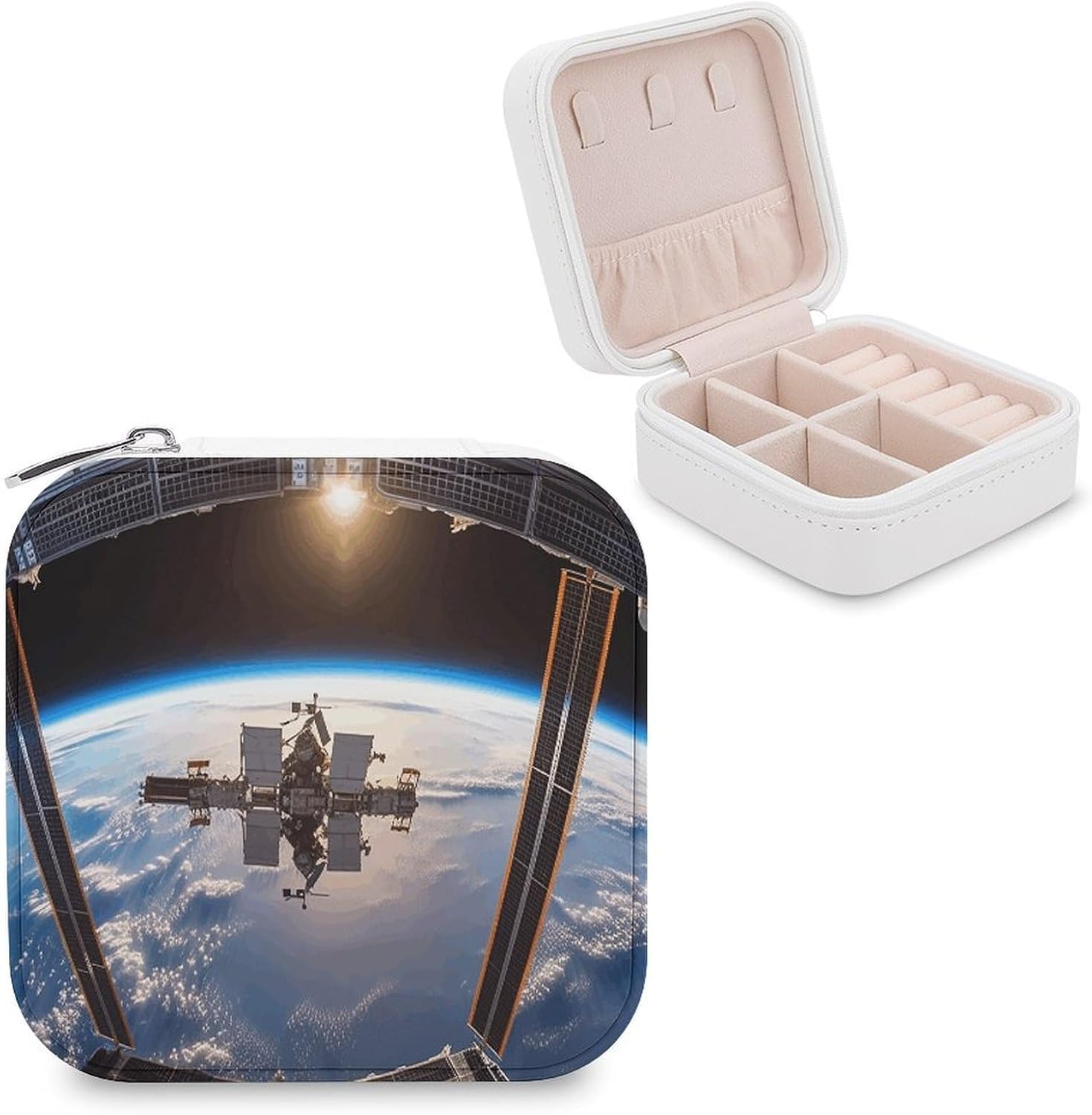 International Space Station Picture Jewelry Box PU Leather Jewelry Organizer with Zipper Necklace Storage Boxes for Mothers Gifts Large-Capacity Jewelry Holder for Earrings Rings