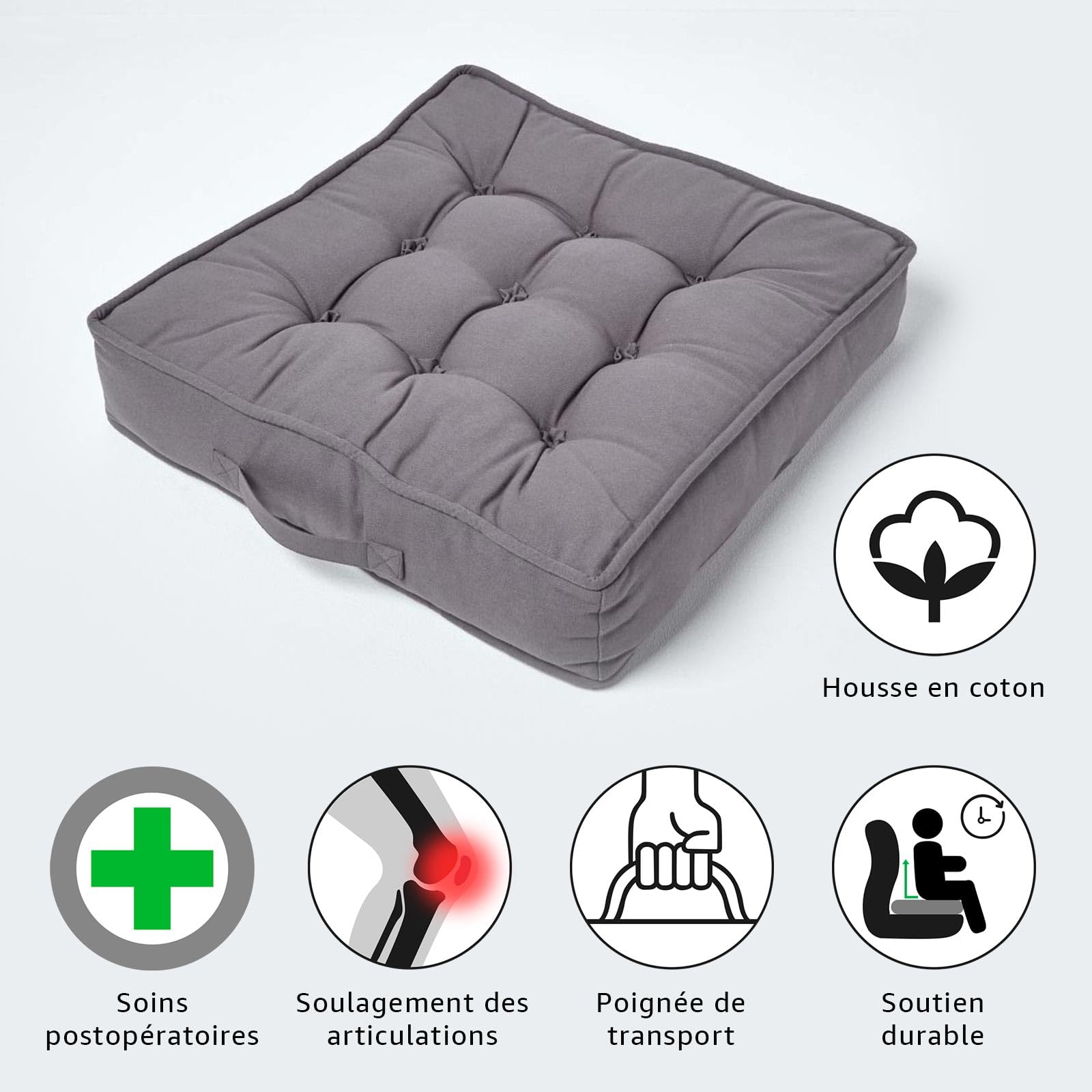 HOMESCAPES Coussin d'assise rehausseur en Coton carré 50 x 50 cm - Gris Ardoise