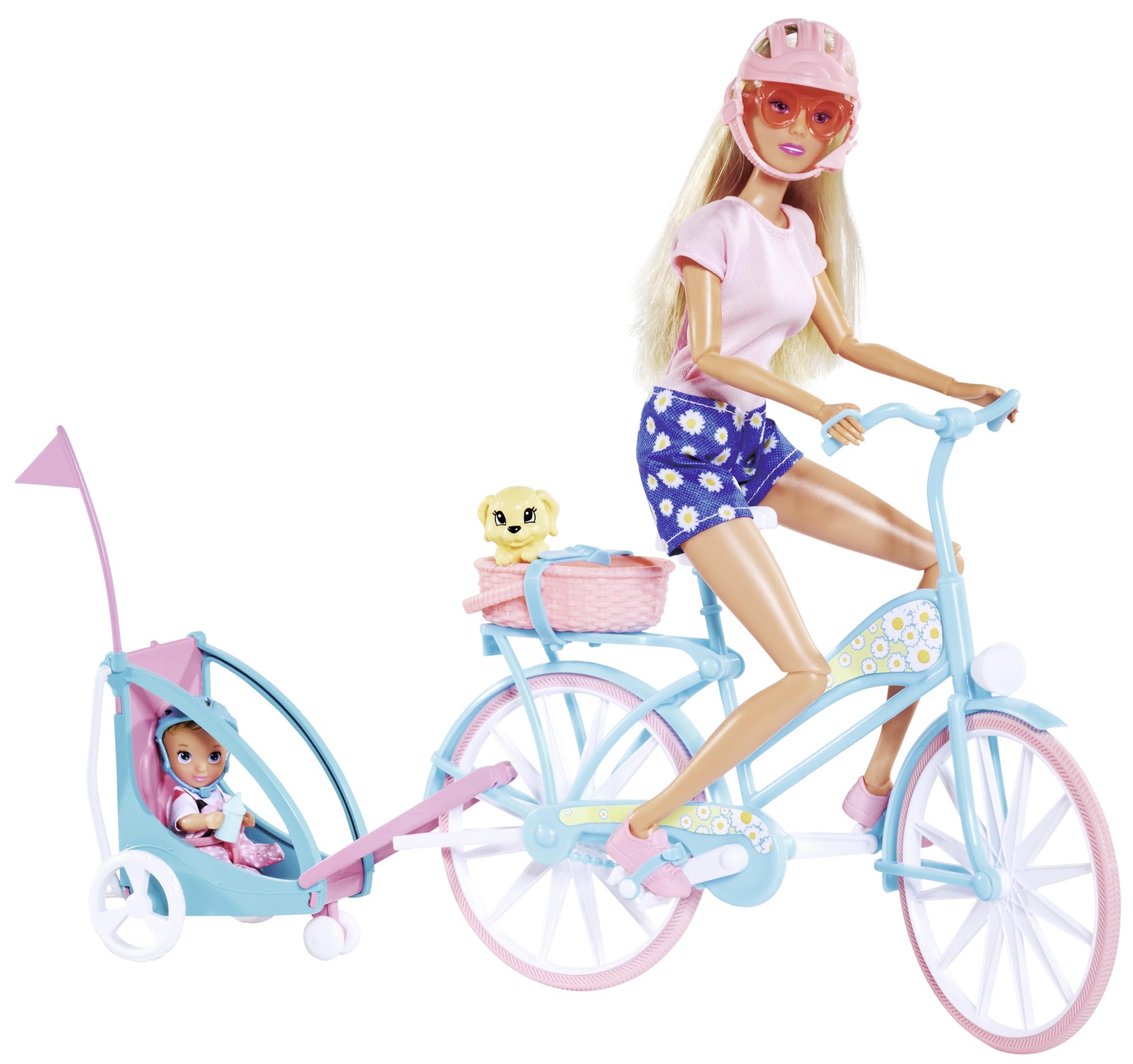 Steffi Love Bike Trailer, Spielpuppe auf ihrem Fahrrad mit Anhänger fürs Baby, Hund und Helmen, ab 3 Jahren Spielzeug
