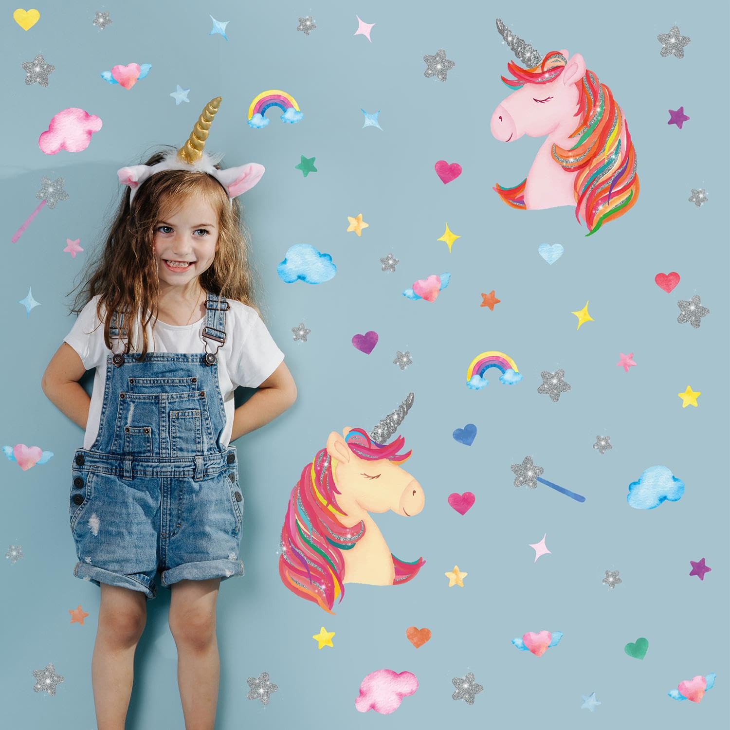 WALPLUS Christmas Decorations Wall Stickers Watercolour Unicorns with Glitter Stars Wall Art Window Display Clings Decals Living Room Sale Clearance PVC Decals for Glass Xmas Winter Décor