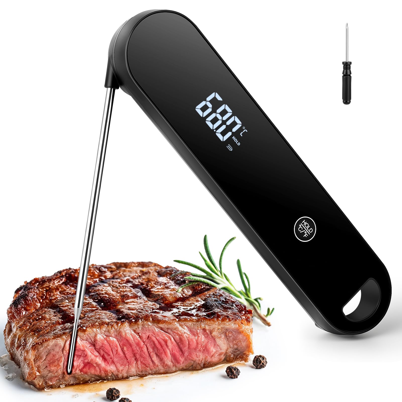 Termometro digitale per carne, display istantaneo da 0,6 s, IP66, impermeabile, sonda ultra sottile da 1,8 mm, precisione ± 0,5 °C, schermo girevole a 180°, per cucina, barbecue, forno, cottura