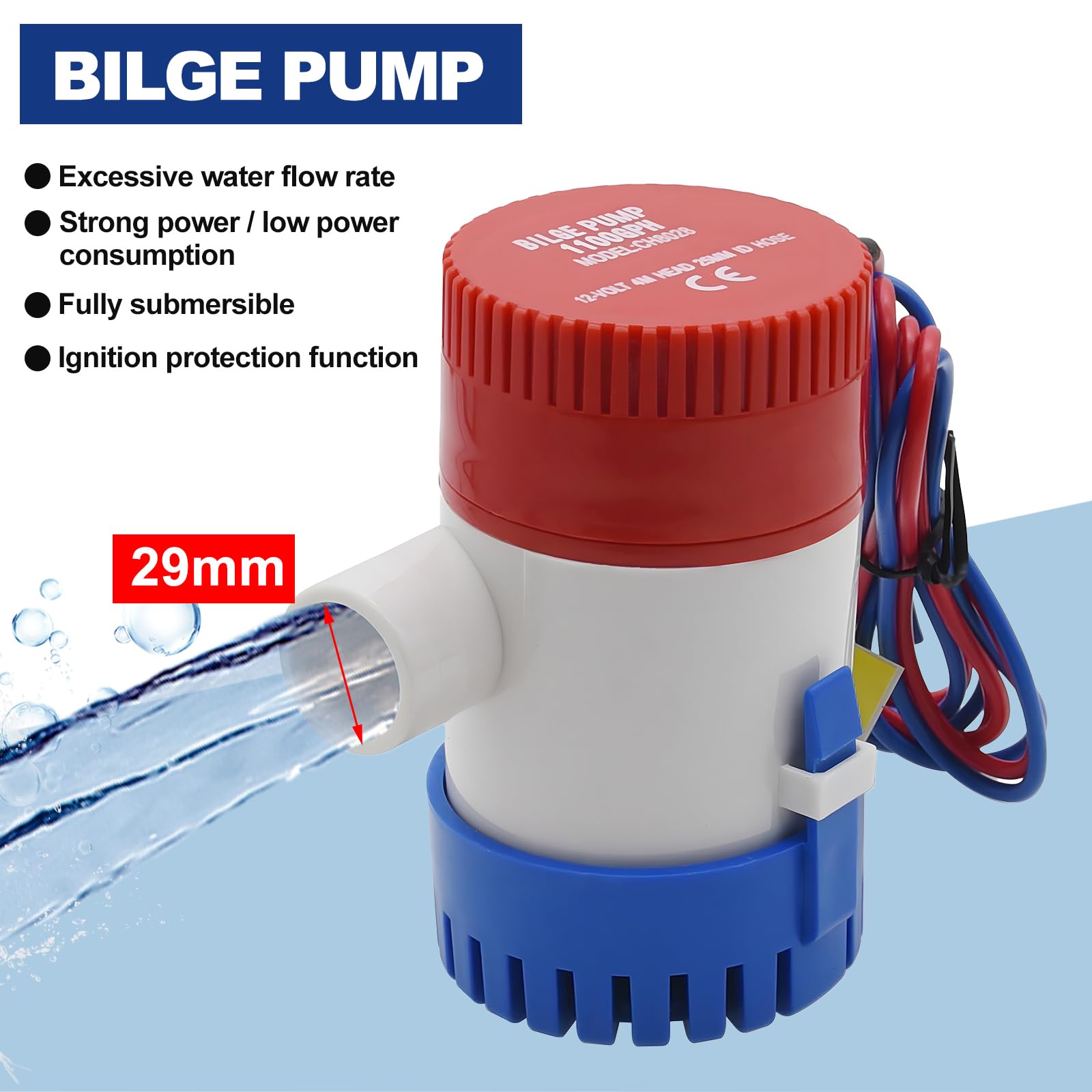 KAOLALI Pompa Zęzowa 1100GPH 12V do łodzi, Wąż 29 mm (1-1/8"), Zanurzeniowa Cichobieżna Elektryczna Pompa Zęzowa do łodzi i Jachtów