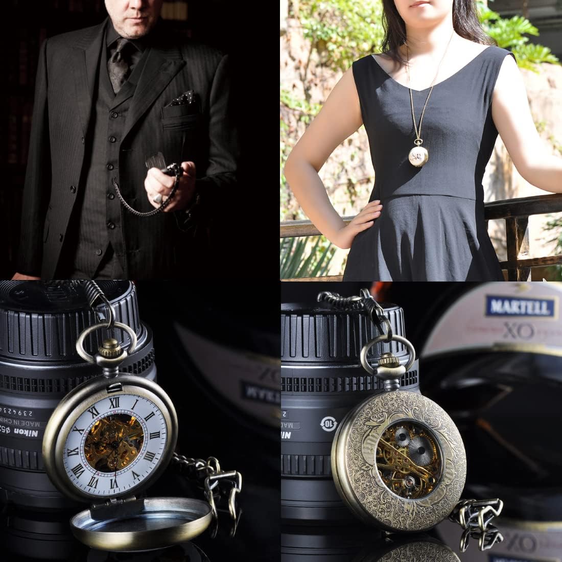 Running Horses Skeleton Mechanical Pocket Watch Photo Locket Pendant Hand Wind Roman Numerals White Dial Fob/Long Chain Sweater Necklace