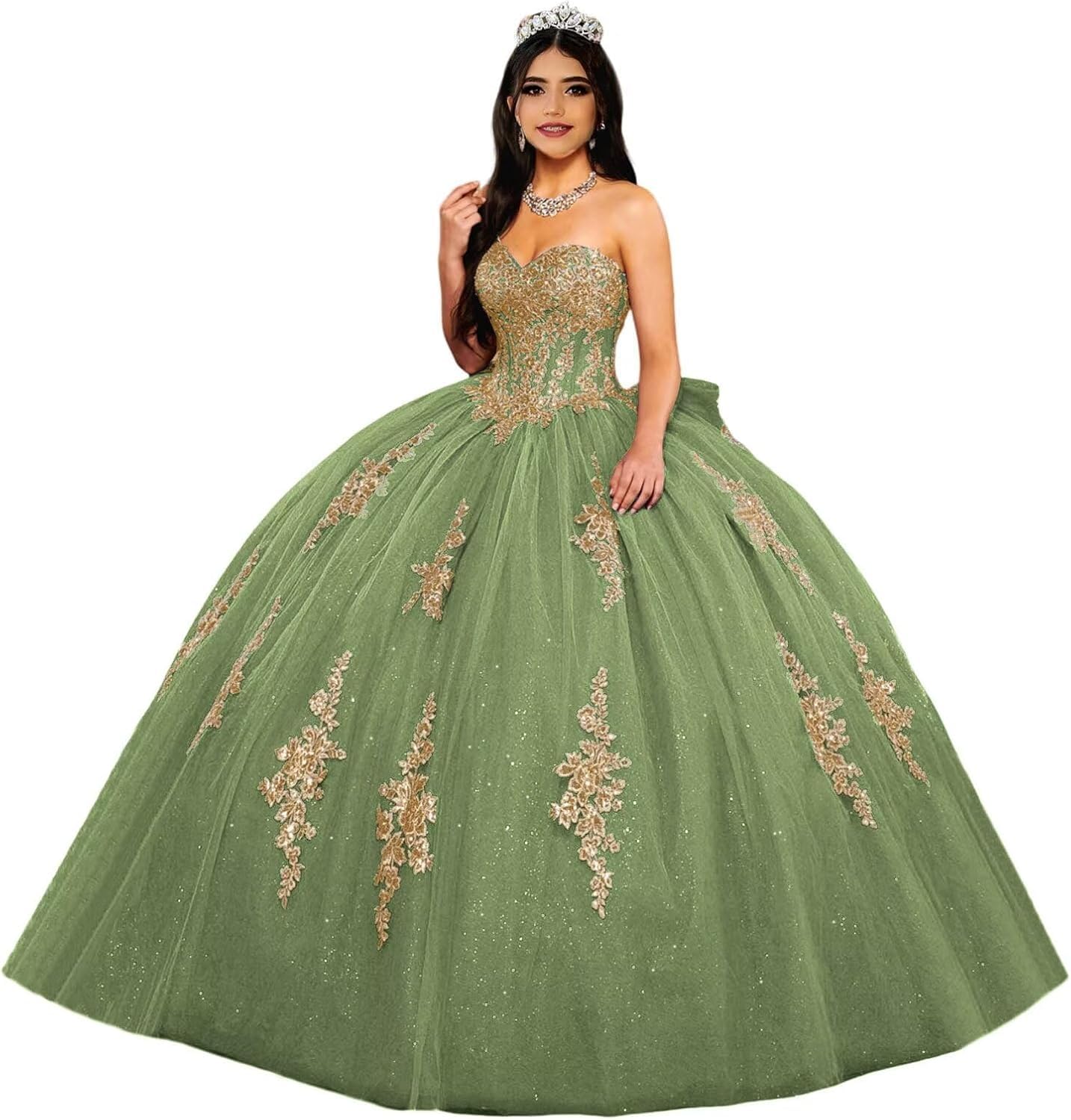 Fuomomo Gold Lace Appliques Sweetheart Quinceanera Dresses Puffy Ball Gowns Strapless Prom Dresses with Bow MT035