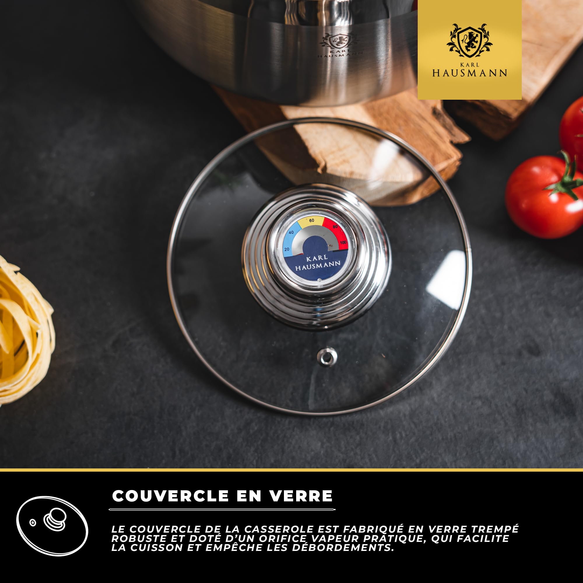 KARL HAUSMANN Batterie de Cuisine 4 pcs Inox avec Couvercles Thermomètre - Casseroles Induction, Set Cuisine Quotidienne, Tous Feux Gaz, Électrique, Vitrocéramique, 4 Tailles