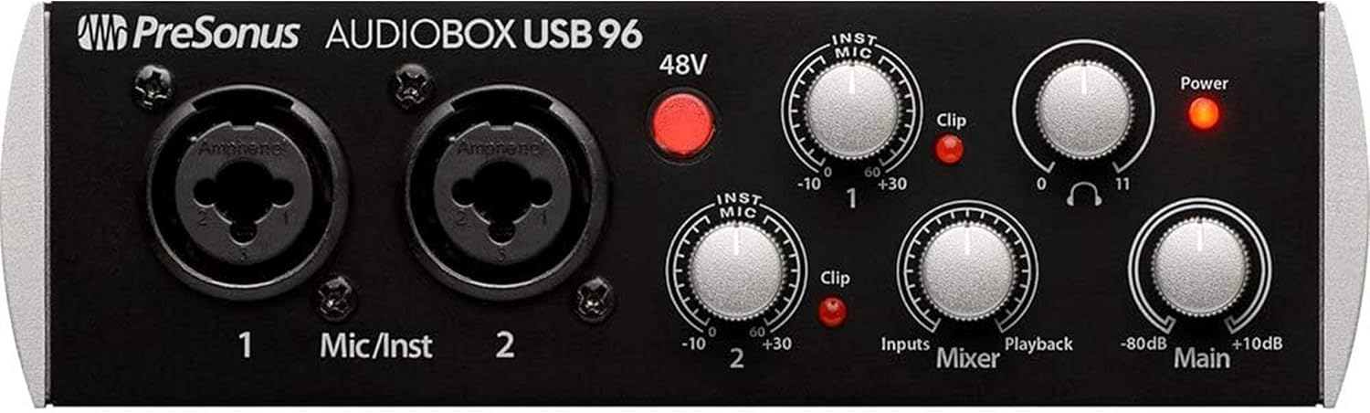 واجهة أمامية مفصلة view of the PreSonus AudioBox USB 96 with labels for each control