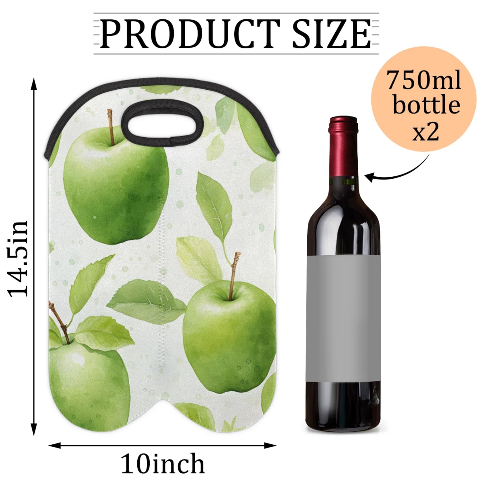 GzLeyigou 2 Bottles Green Apples Wine Bag Sleeve Totes Neoprene Protective Wine Carrier Bag for Wine,Water, Champagne, Beer, Baby Bottles,Gift 14.5 x 10 Inches