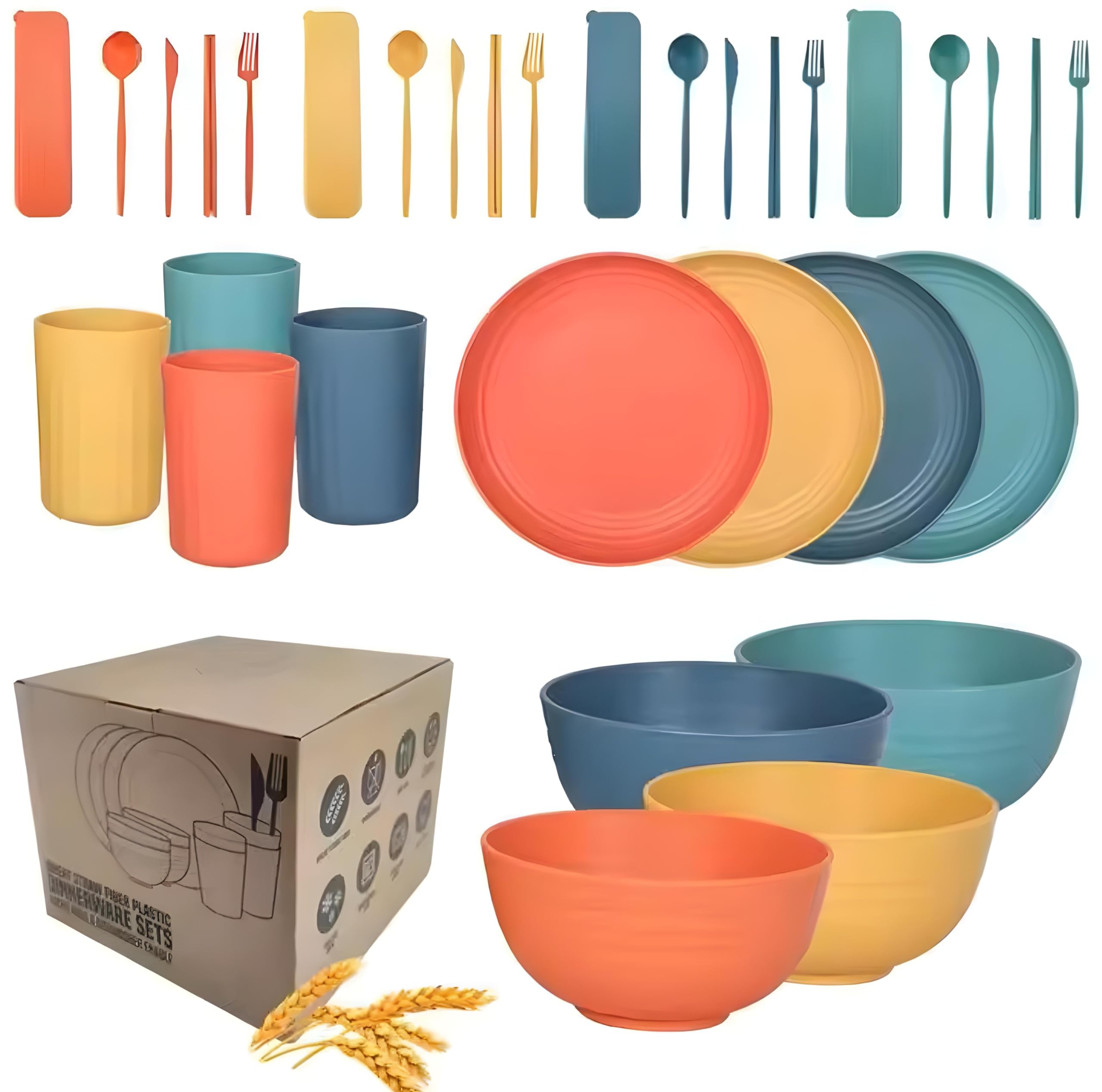 OMNIRA Unbreakable Wheat Straw Dinnerware Set for 4 (32 PCS) – Microwave & Dishwasher Safe – BPA-Free – Lightweight Plates, Bowls & Cups for Camping,