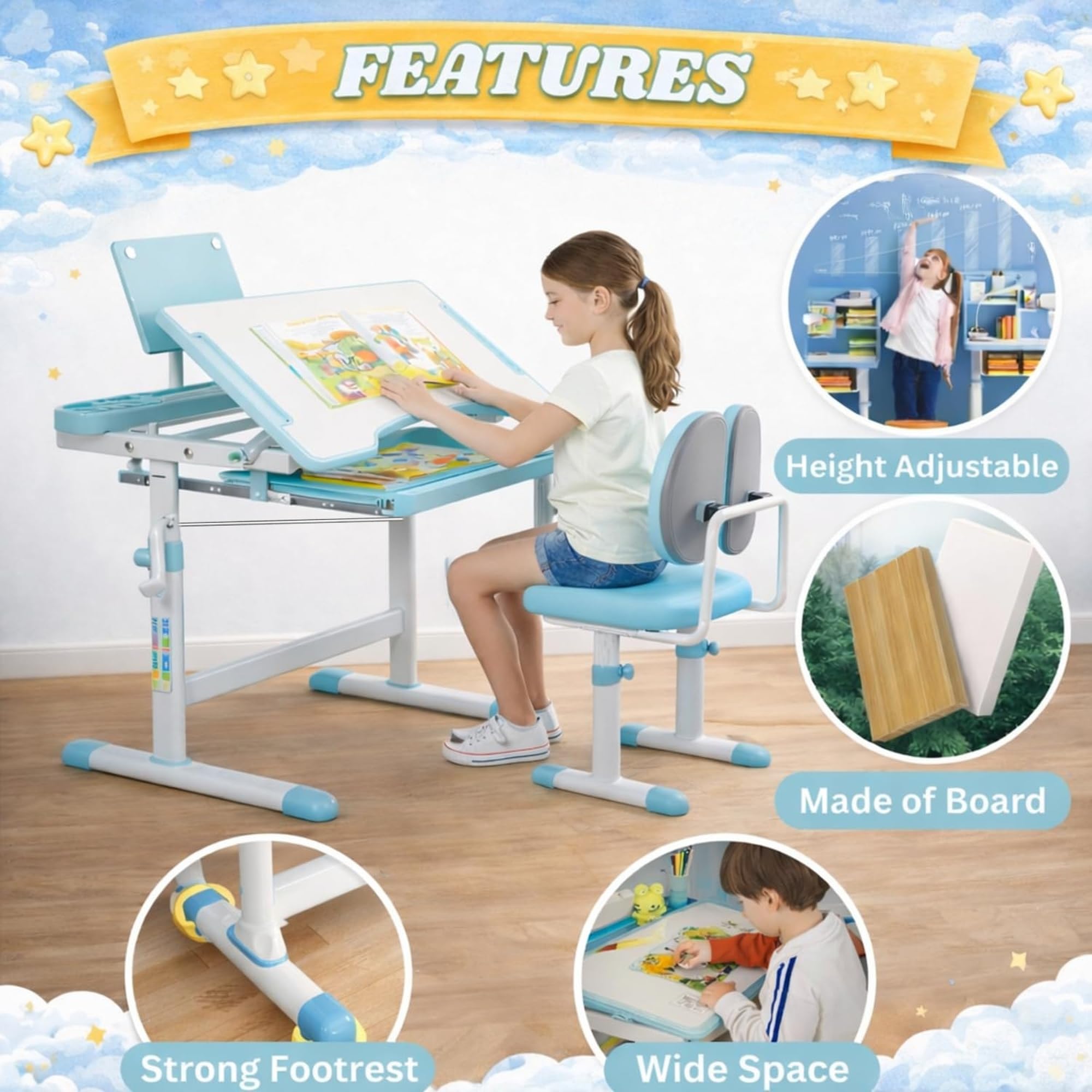 NUCARTURE Adjustable Study Table for Kids 5-12 Years Boys Girls Drawing Learning Reading Children Study Desk Table with Chair Kids Studying Table with Book Pen Holder (Blue) 1